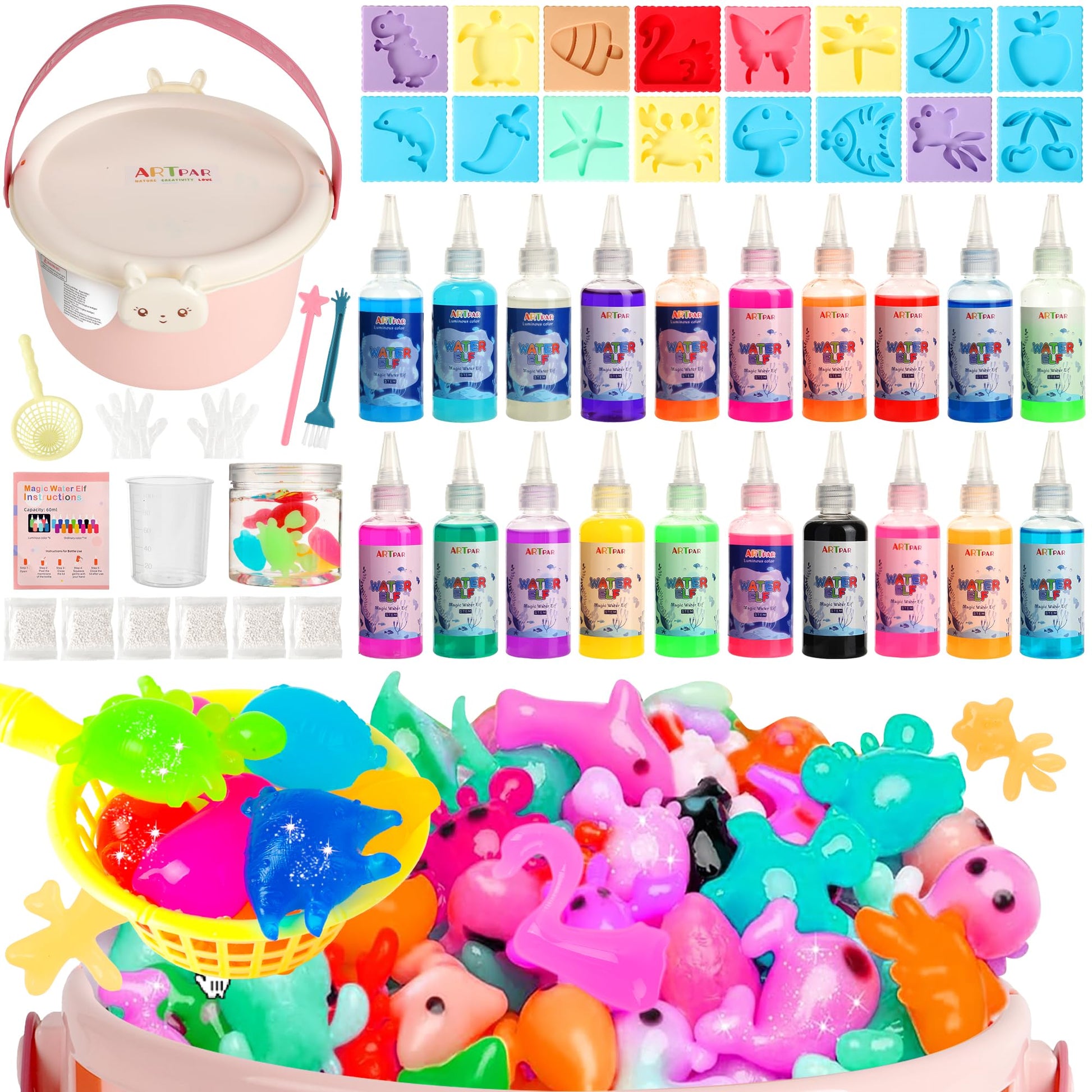 ARTPAR Water Elf Magic Gel Kit - 20 Colorful Gels + 16 Fantasy Molds - Non-Toxic Sensory Toys for Kids - Creative Arts & Crafts 