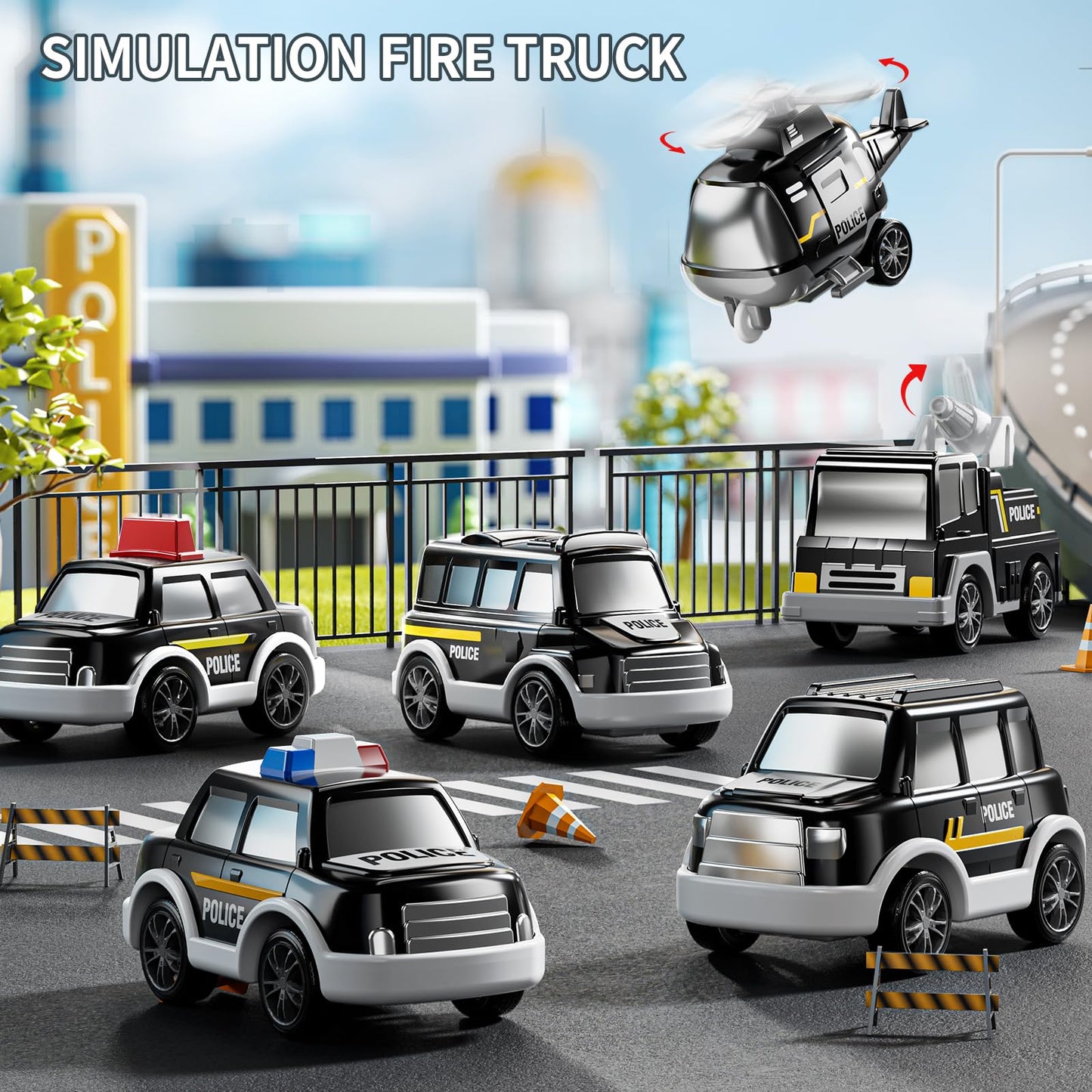 JUKUDAHU Police Truck Toy for 3 4 5 6 Years Old Boys - Carrier Vehicle Toy Set with 5 Toy Cars and 1 Helicopter, Kids Firction P