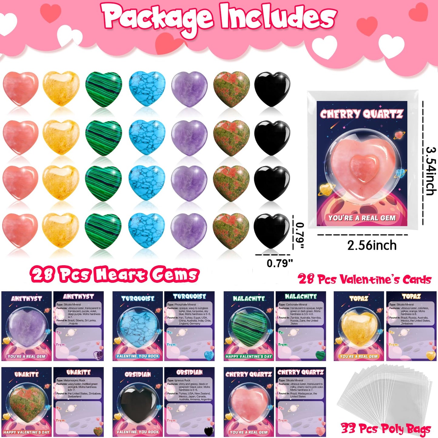 Arfun Valentines Day Gifts for Kids Classroom, 28 Pack Valentines Cards Goodie Bags with Heart Stones, Valentine Exchange Party