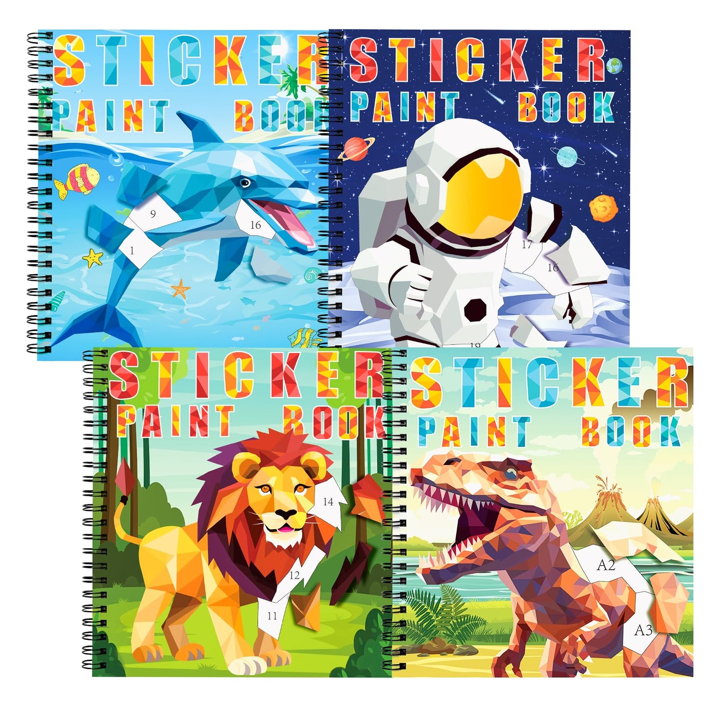 Homicozy 4Pcs Sticker Paint Books For Kids Ages 4-10,Dinosaur Astronaut Ocean Animals Designs Paint By Stickers,Sticker By Numbers,Party Birthday Gifts For Boys 4-10,Create 40 Pictures At A Time