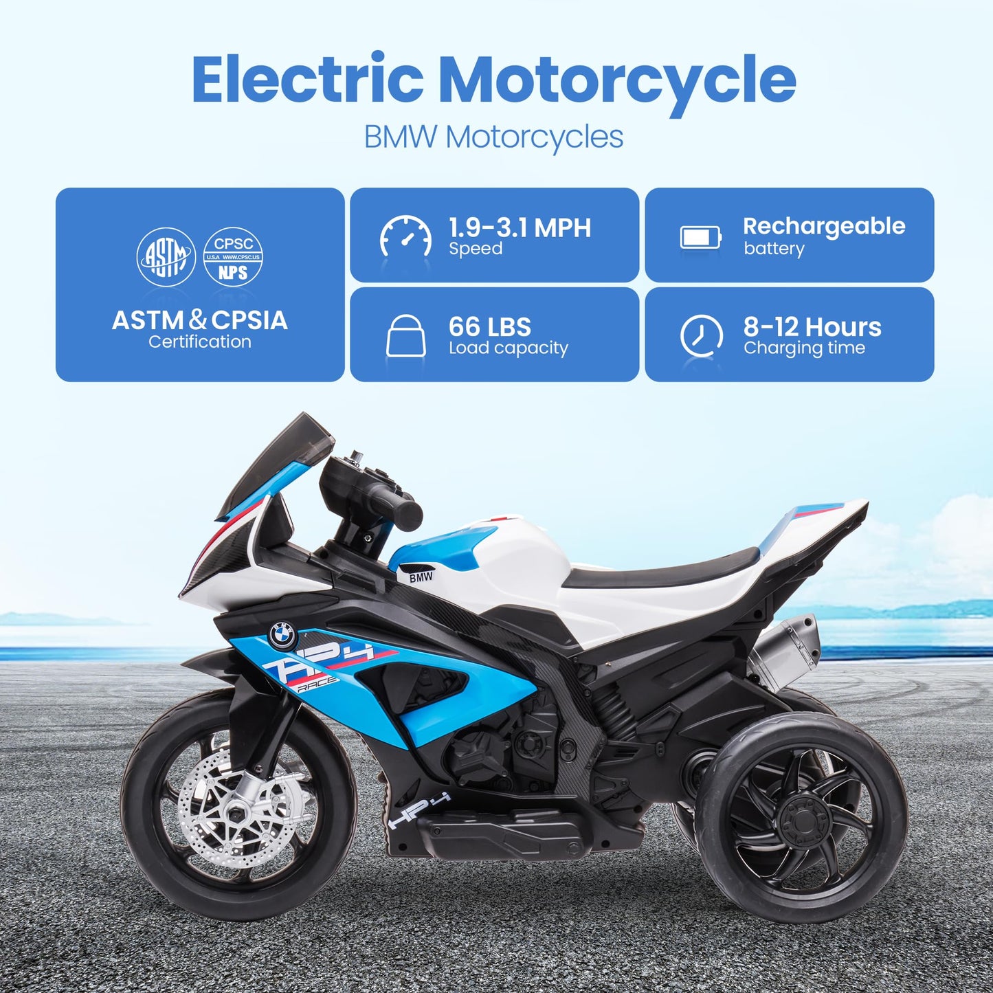 Kiddokidz Licensed BMW Kids Motorcycle - 12V Motorcycle Ride On Toy for Kids Ages 3-5 Years  3-Wheel Electric Motorcycle with Reverse  Headlight  Horn  Music(Blue)