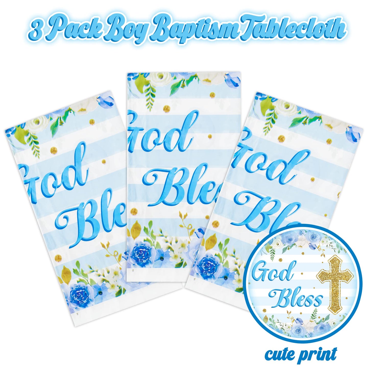 BkeeCten 3 Packs Blue Baby boy Baptism Party Tablecloths Decorations Flower Theme Disposable Plastic Waterproof Rectangle God Bl