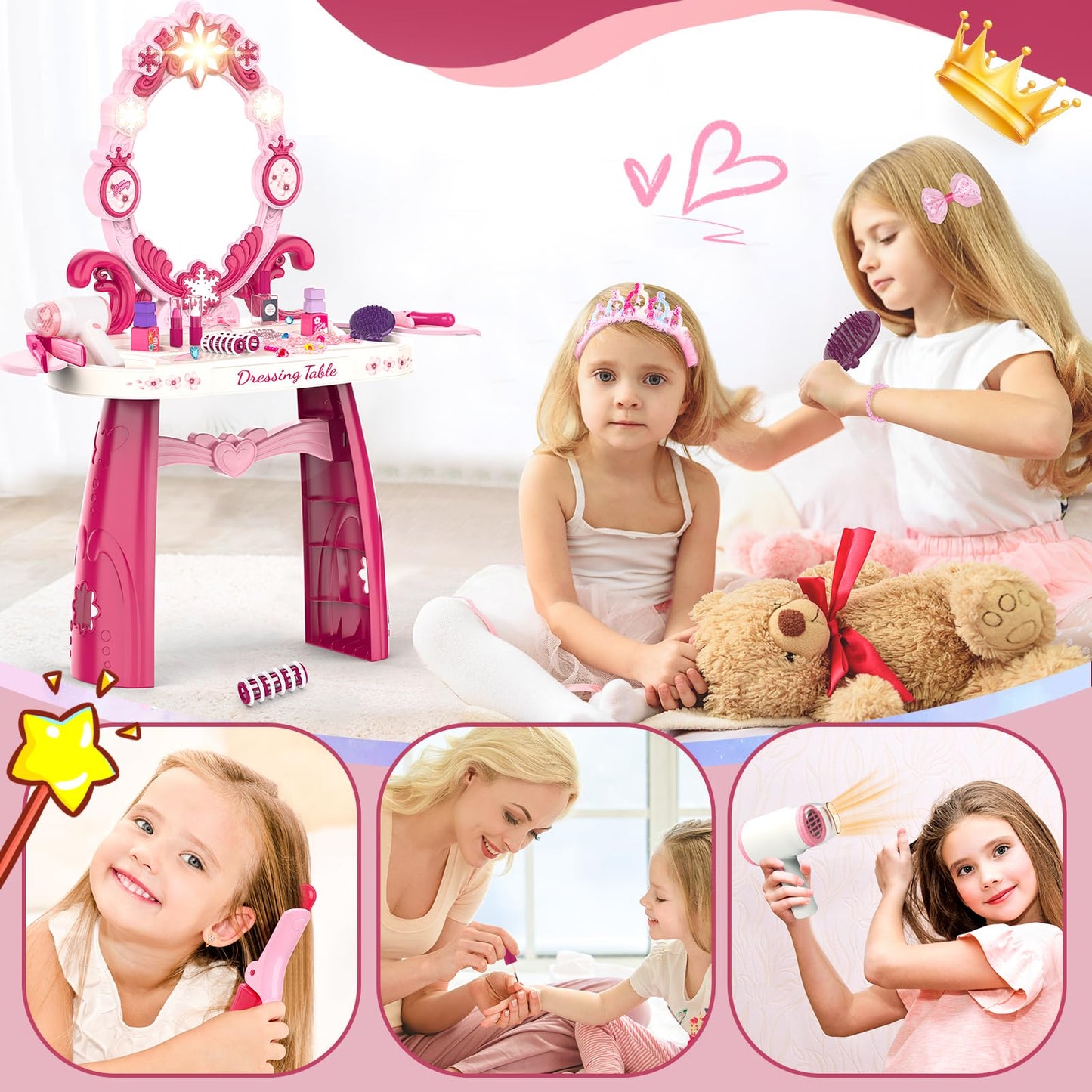 Toddler Makeup Table Toy With Mirror And Chair, Kids Pretend Play Vanity Set With Lights And Sounds Hairdryer, Make Up Accessori