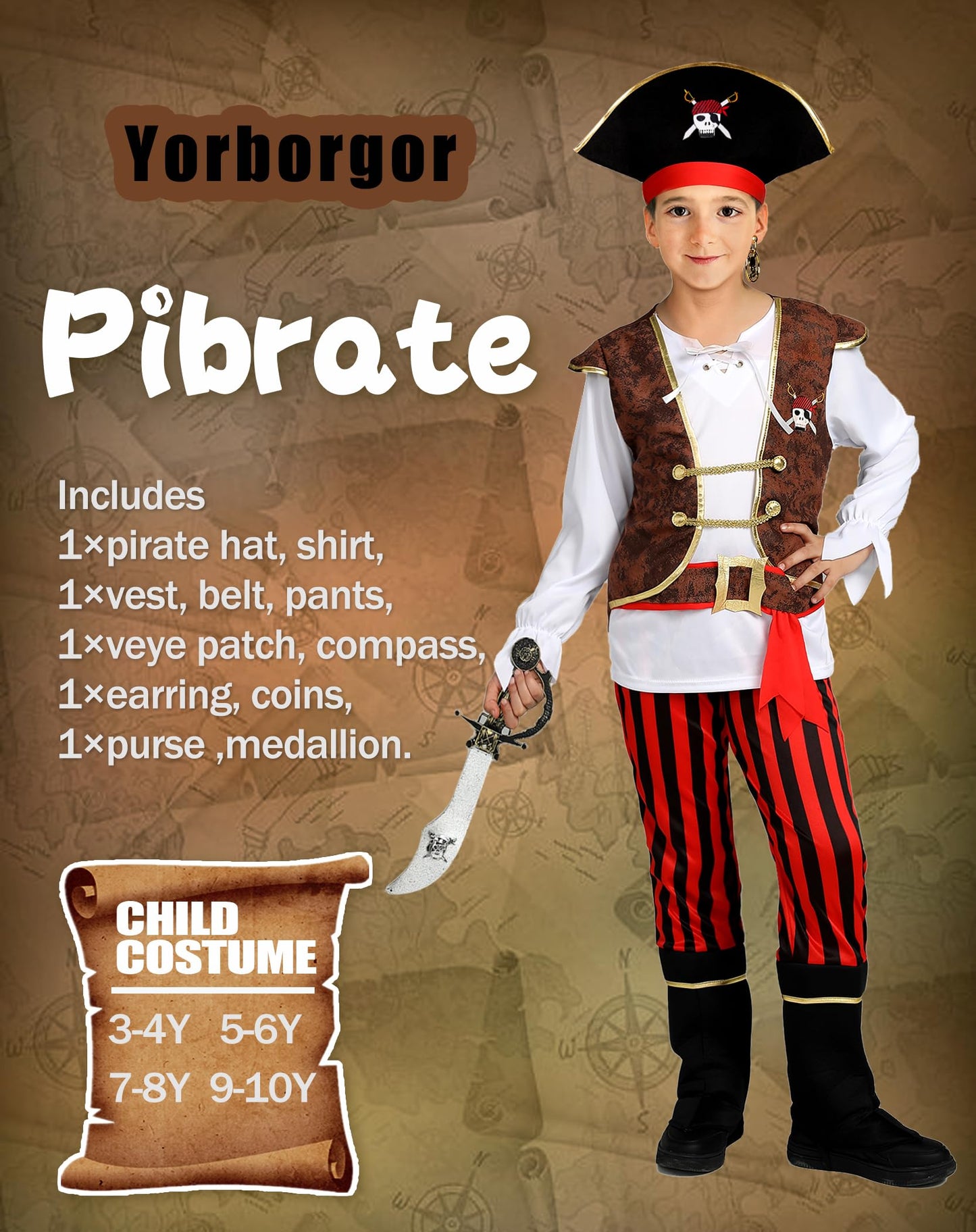 Yorborgor Kids Pirate Outfit - Boys Pirate Cosplay Party Dress Up (White, 7-8 Years)