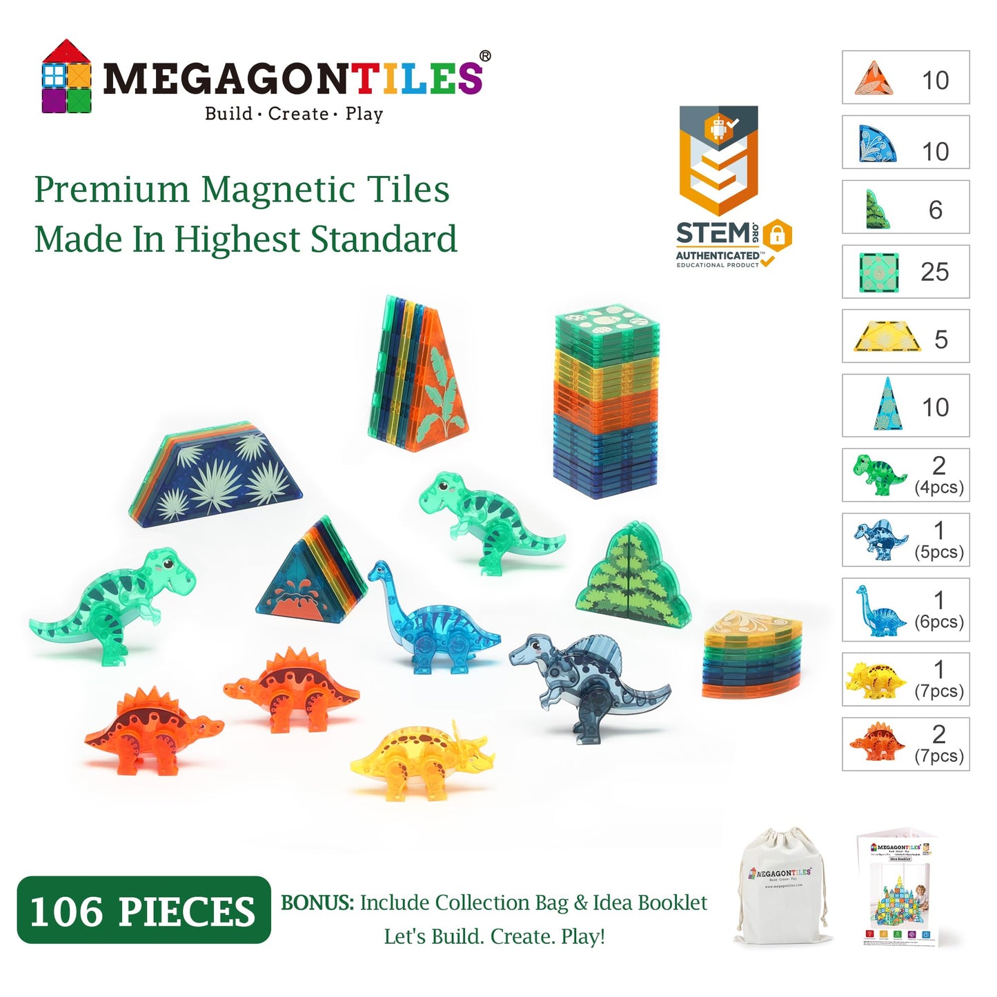 Megagontiles 106 Pcs Dinosaur Magnetic Tiles Set | Magnet Building Blocks Dino World Toys | Stem Authenticated| Magnet Tiles Animals For Toddlers Boys Girls Kids Age 3 4 5 6 7 8