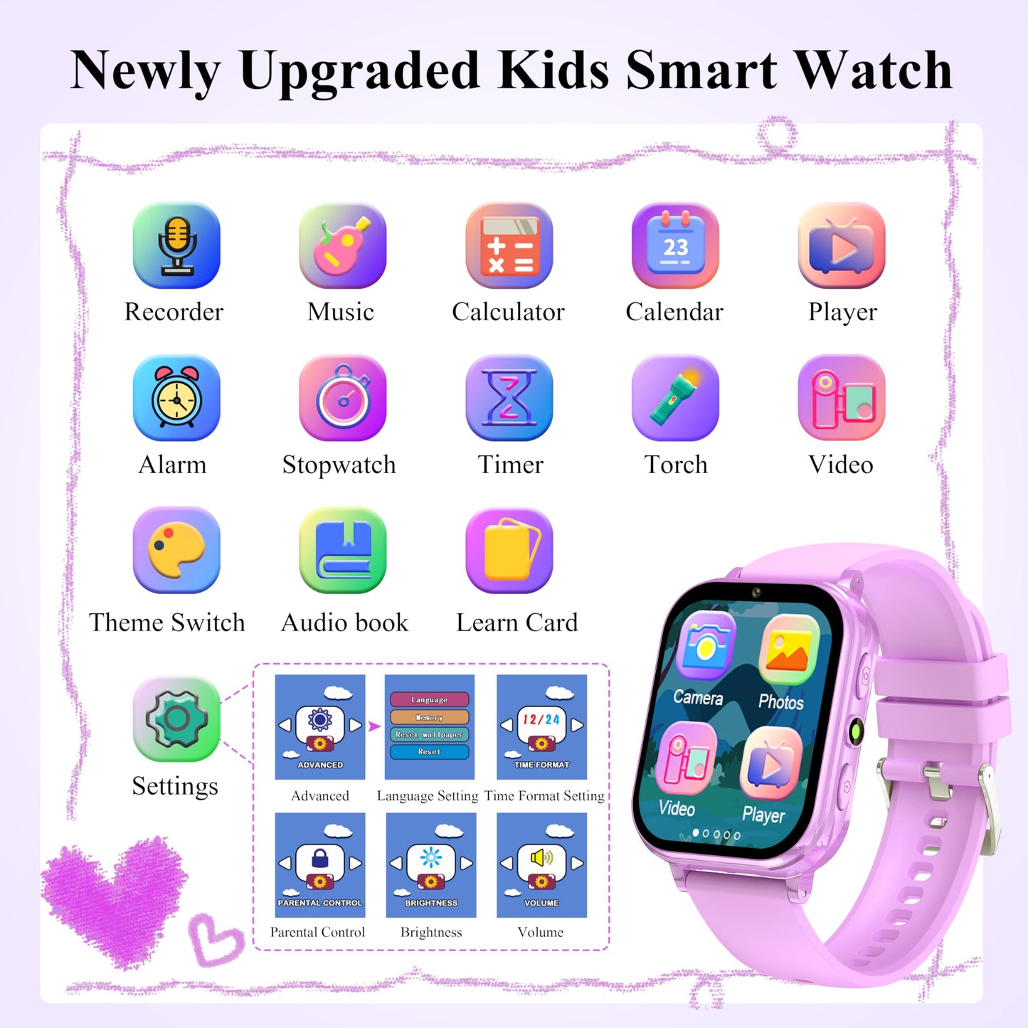 Kalinco Kids Smart Watch, No Phone Needed, Games Camera Video Pedometer Smartwatch, Music Player, Alarm, Audiostory, Torch, Step Counter, Educational Toys, Valentines Day Gifts For Kids Age 5-12