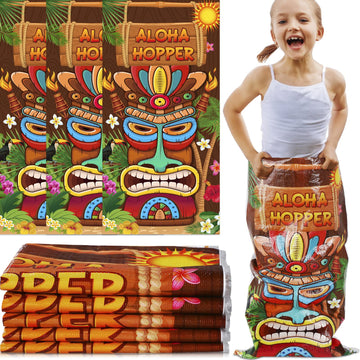 10 Pcs Potato Sack Race Bags, Tiki Luau Race Car Horror Birthday Party Favors Supplies, Hawaiian Luau Party Games Outdoor Beach Jumping Bags For Kids Adults Summer Tropical Racing Halloween (Tiki)
