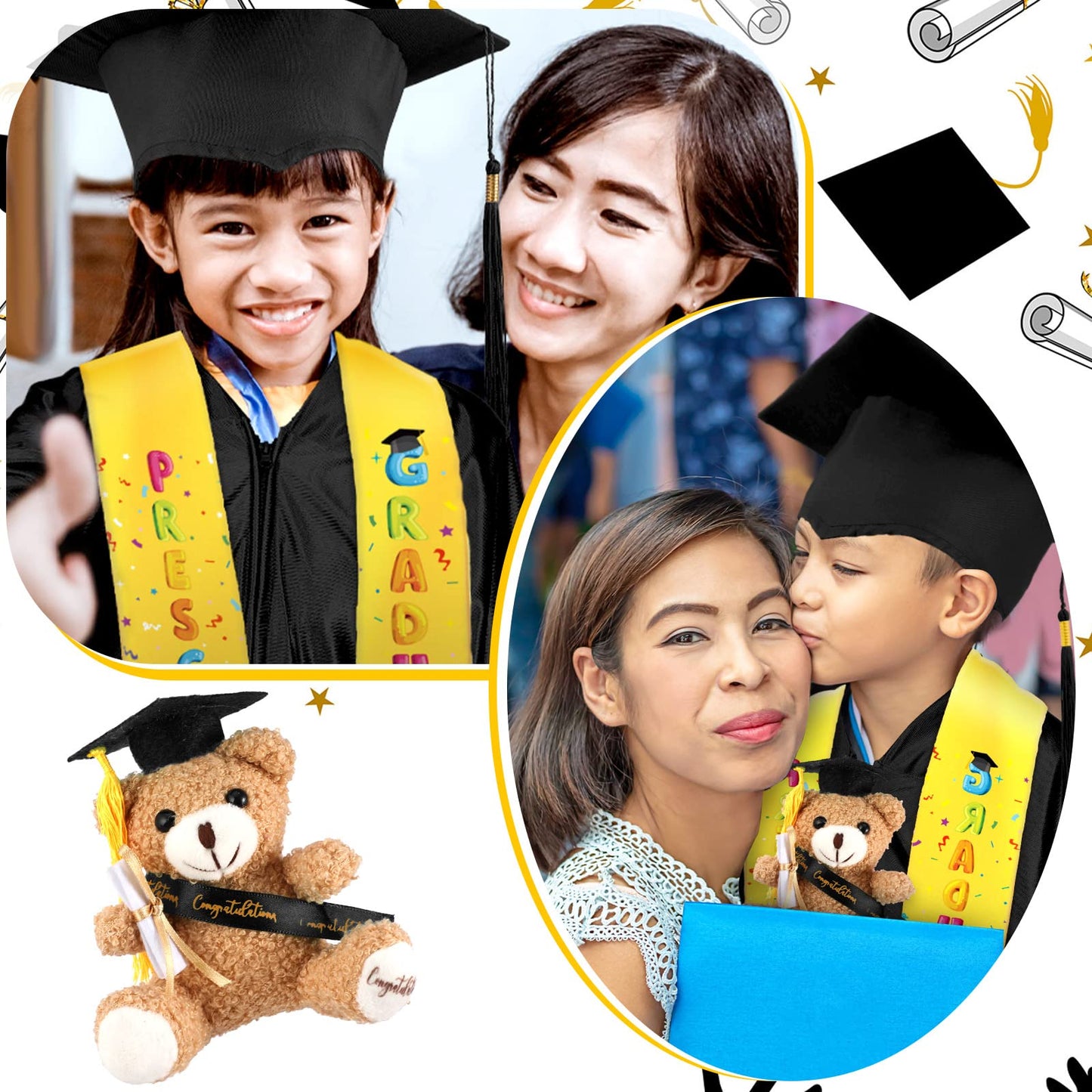 Unittype 4 Pcs Preschool Graduation Gown Cap with Tassel Graduation Stole Stuff Plush Bear Set for Kids Graduation Gifts (Black)