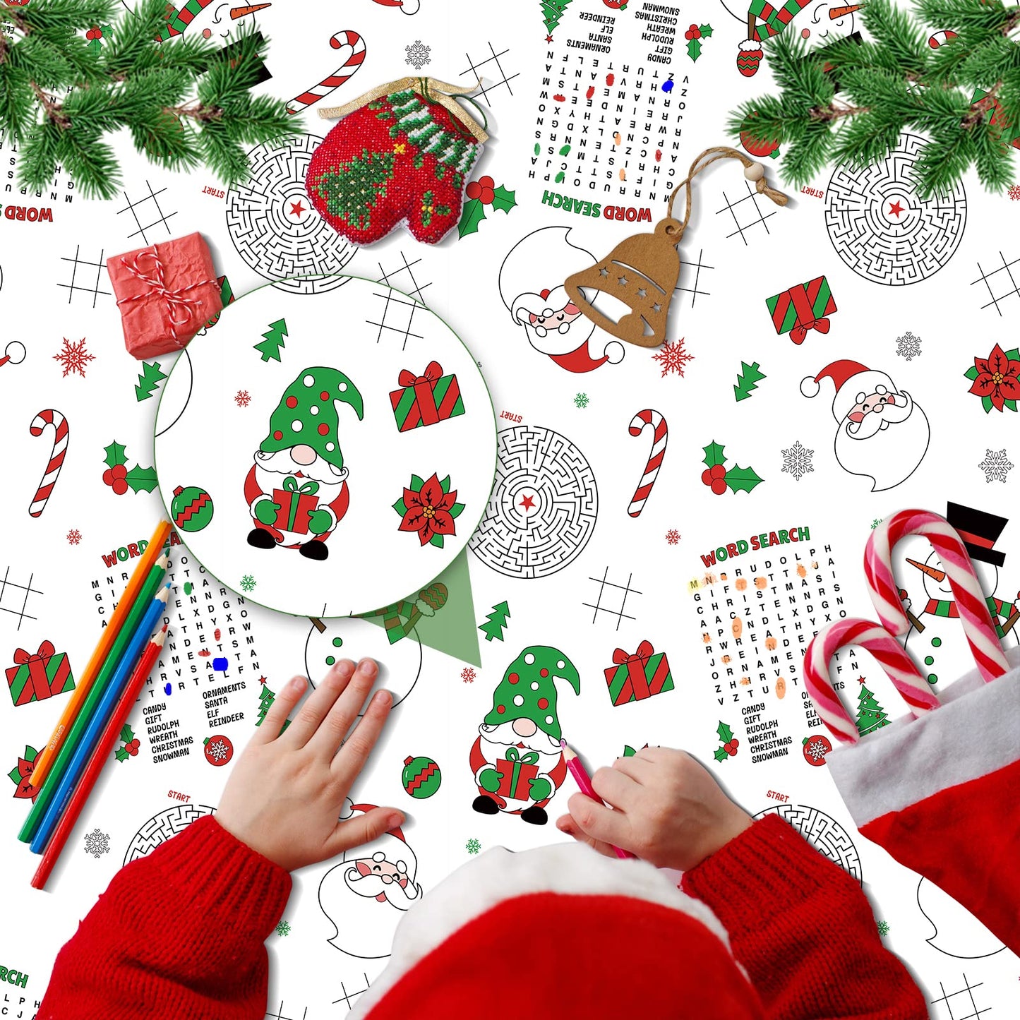 3 Pack Christmas Tablecloth Christmas Activity Paper Tablecloth Santa Claus Snowman Gnome Color-in Paper Disposable Tablecover f
