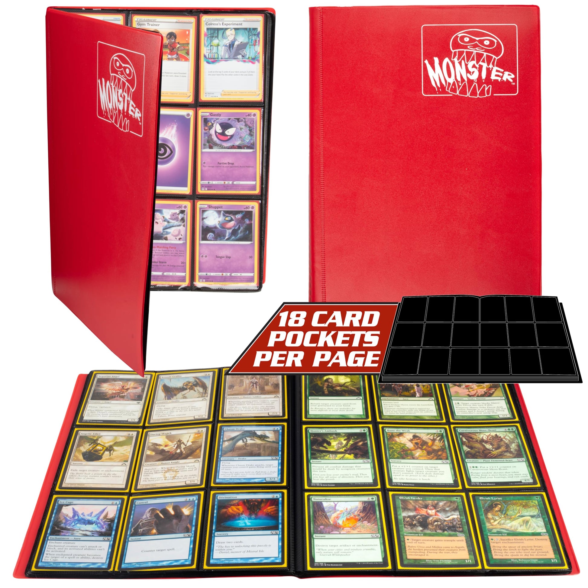 Monster Binder - 9 Pocket Trading Card Album - Matte Red - Holds 360 Yugioh, Magic, And Pokemon Cards