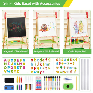 Funlio Anti-Warping Kids Art Easel, 3 Height Adjustable For Kids Aged 2-8, All-In-One Toddler Easel With Paper Roll & Erasable Frame, Standing Easel With Magnetic Chalkboard/Whiteboard (Green)