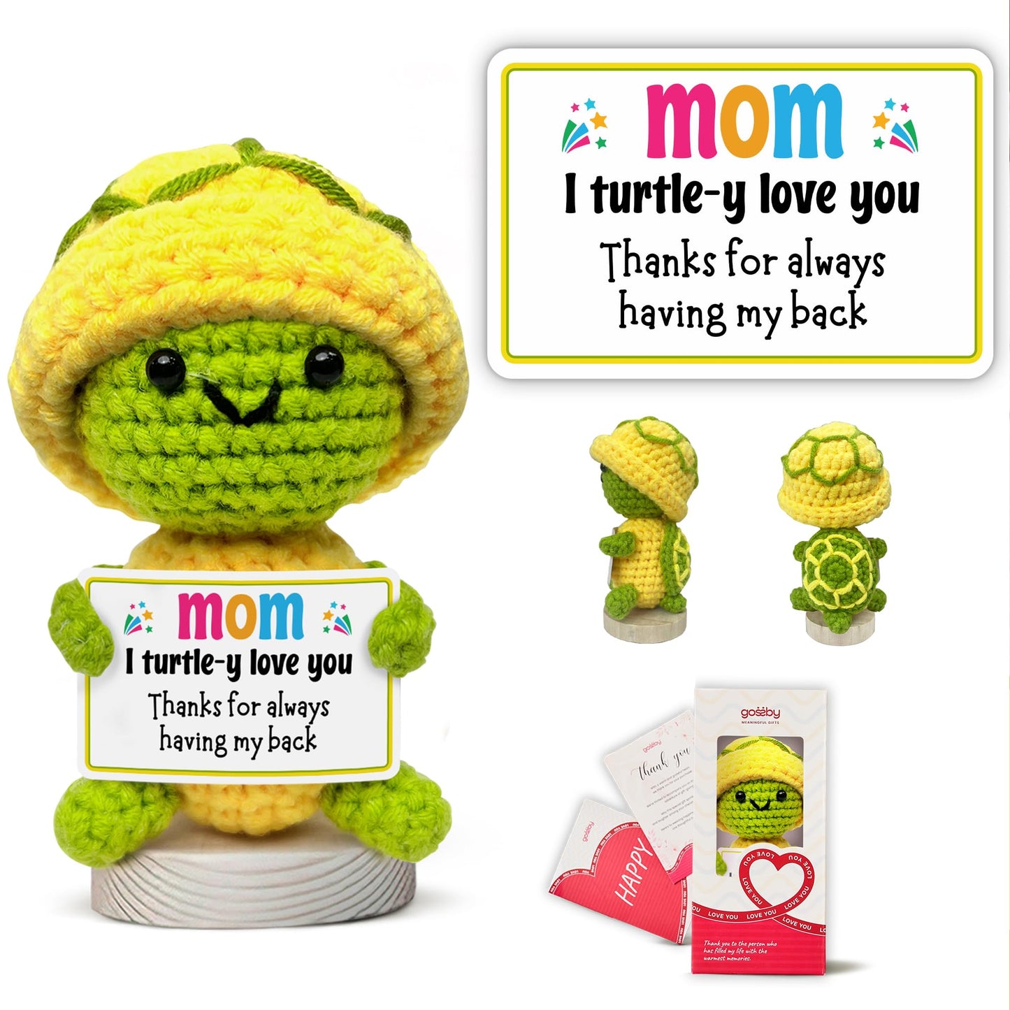 Gossby Gift for Mom - Positive Turtle Crochet with Card - I Turtle-Y Love You - Mom Gift from Daughter  Son  Kid - Mothers Day  Christmas  Birthday Present - Handmade Crochet Animal with Message