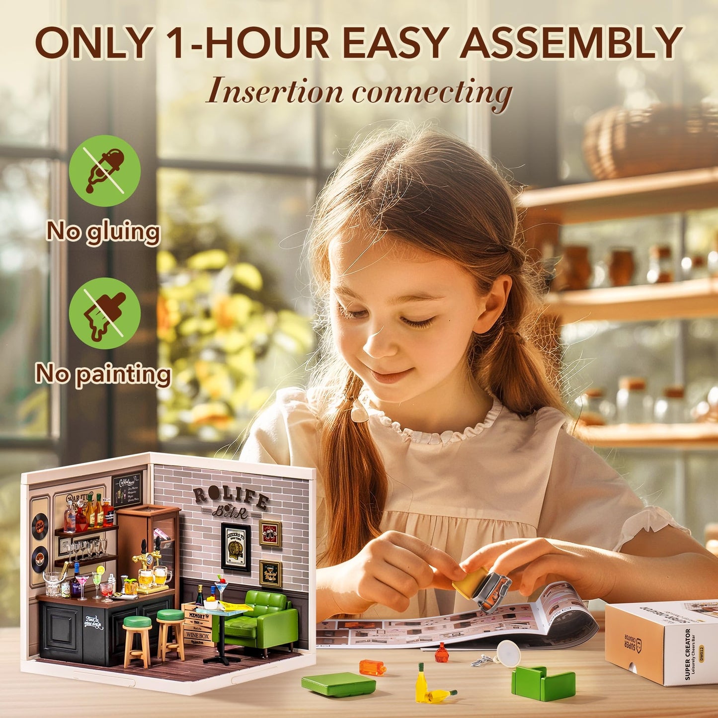 Robotime Miniature House Kit Diy Plastic House Building Toy Set With Led Tiny Store Making Kit Model Craft Hobby Unique Gift (Leisurely Cheers Bar)