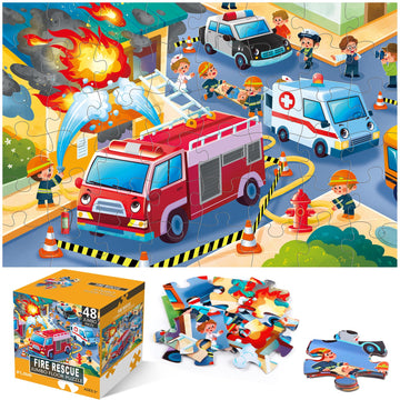 Jumbo Floor Puzzle For Kids,Fire Rescue Jigsaw Large Puzzles,48 Piece Firefighter Fireman Fire Truck Puzzle For Toddler Ages 3-5,Children Learning Preschool Educational Toys,Gift For 4-8 Years Old