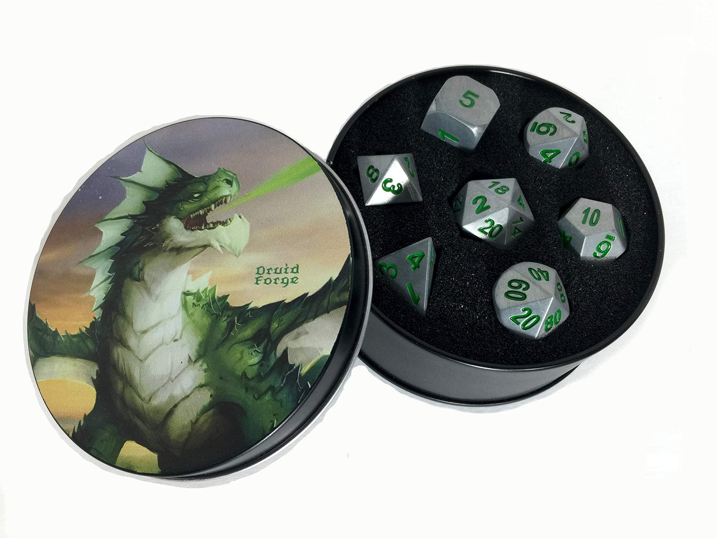 Metal Dice Polyhedral Set of 7 Druid Circle Green D&D RPG Brushed Silver with Green numbers