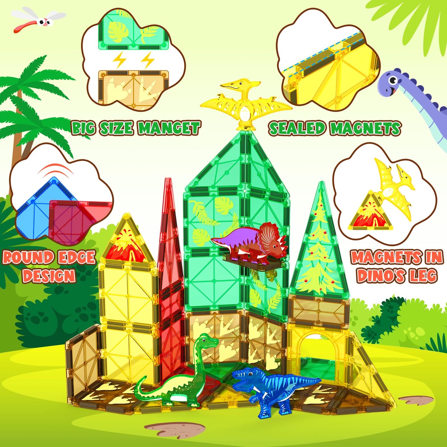 Coodoo Dinosaur Toys Magnetic Tiles Jungle Dinosaur World Starter Set - Kids Games Boys Ages 3-5 4-6 Girls STEM Magnetic Blocks