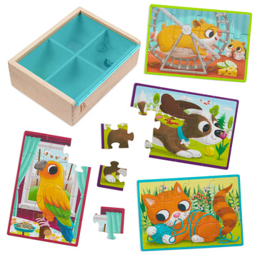 B. Toys – Wooden Puzzle Set – 4 Animal Puzzles – Cat, Dog, Bird, Hamster– 12-Piece Jigsaw Puzzles For Kids – 3 Years + – Pack O' Puzzles - Pets