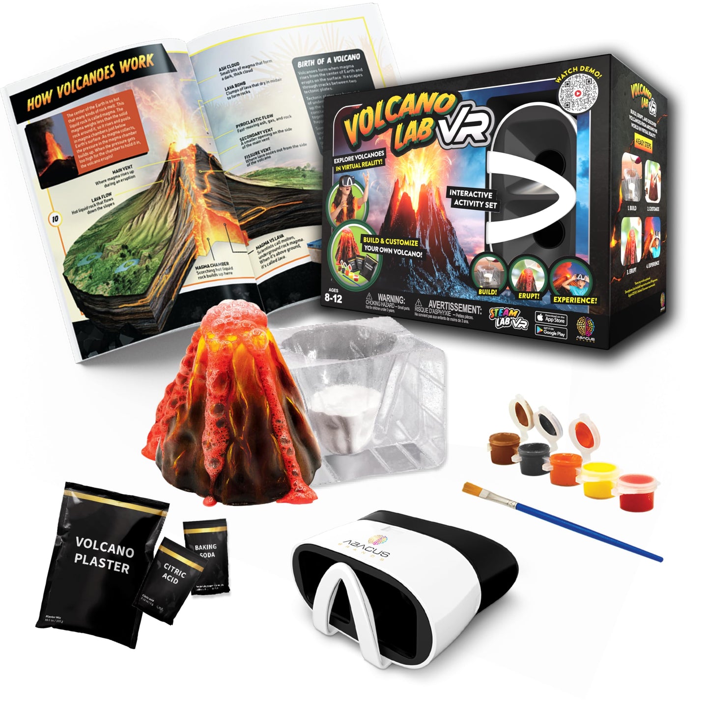 Abacus Brands Steam Volcano Lab Vr - Build And Erupt Your Own Volcano - Virtual Reality Kids Science Kit, Book And Interactive Steam Learning Activity Set - For Ages 8 And Up