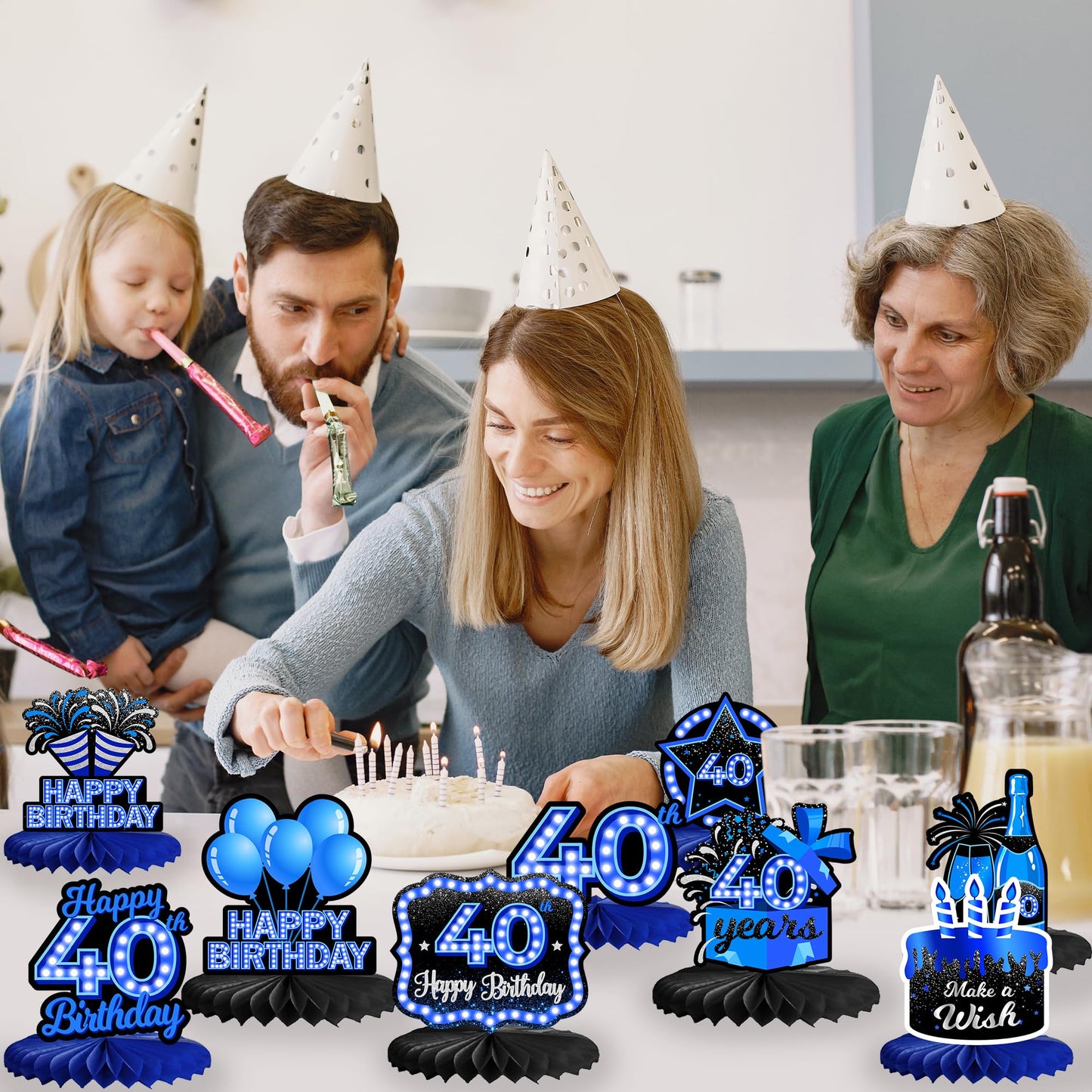 Happy 40th Birthday Honeycomb Centerpieces 9Pcs Stylish Sophisticated Blue Neon Theme Table Decor for Boys Girls Birthday Party