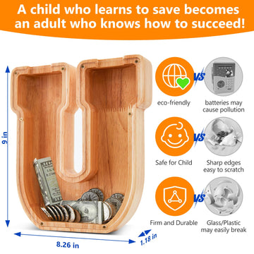 Wooden Letter Piggy Bank for Kids  Initial Coin Bank for Boys and Girls  First Name Personalized Savings Bank for Birthday Boys Girls Gift Piggy Bank for Kids (Wood  S9-U)