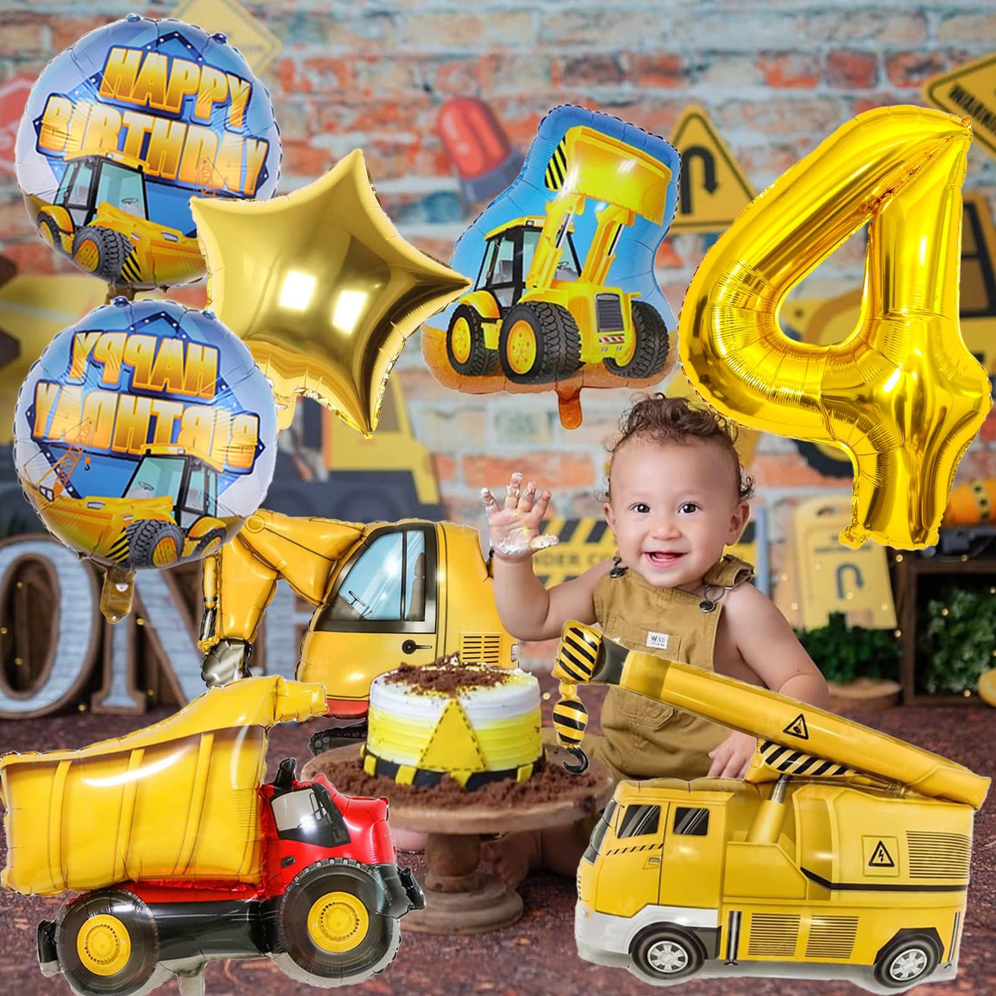 Construction Balloons 4Th Birthday, 9Pcs 40 Inch Gold Number 4 Balloons With Large Excavator Dump Truck Crane Bulldozer Foil Myl