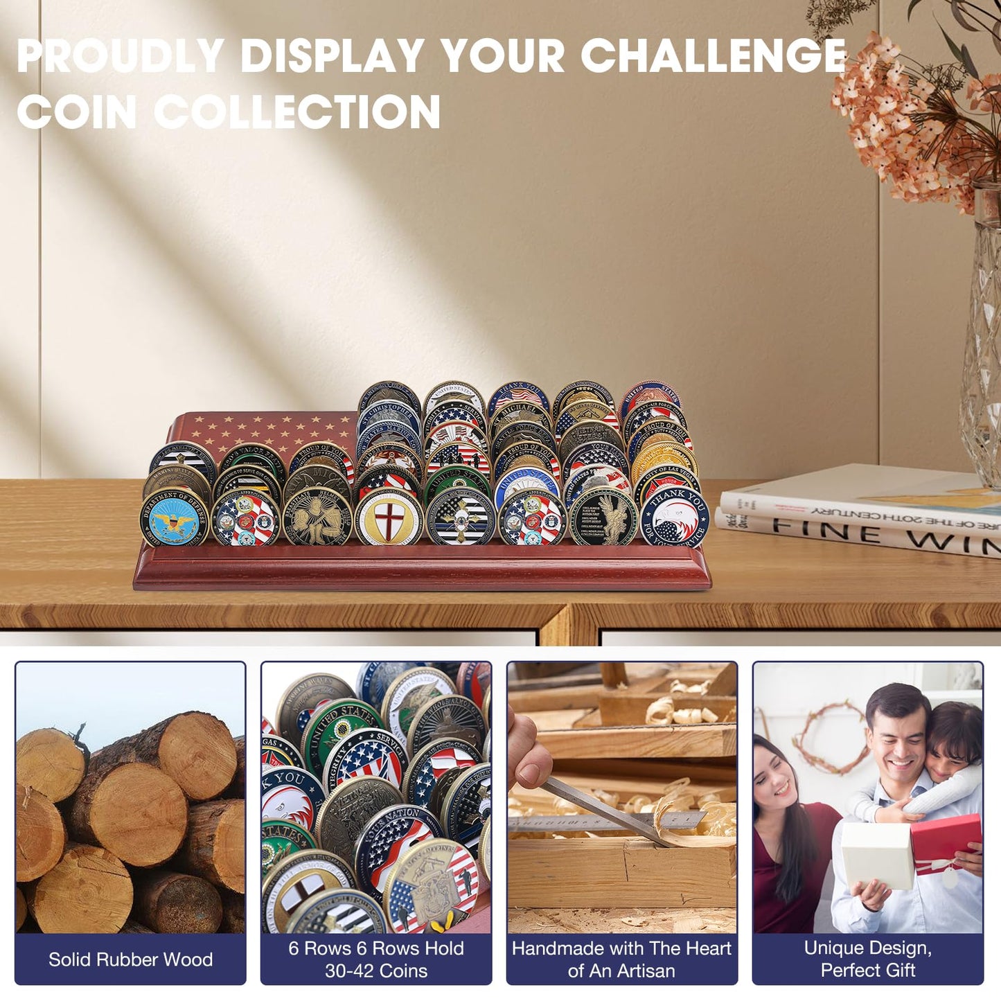Liuyalo 6-Row Challenge Coin Display With United States Flag, Challenge Coin Holder Made Of 100% Solid Wood