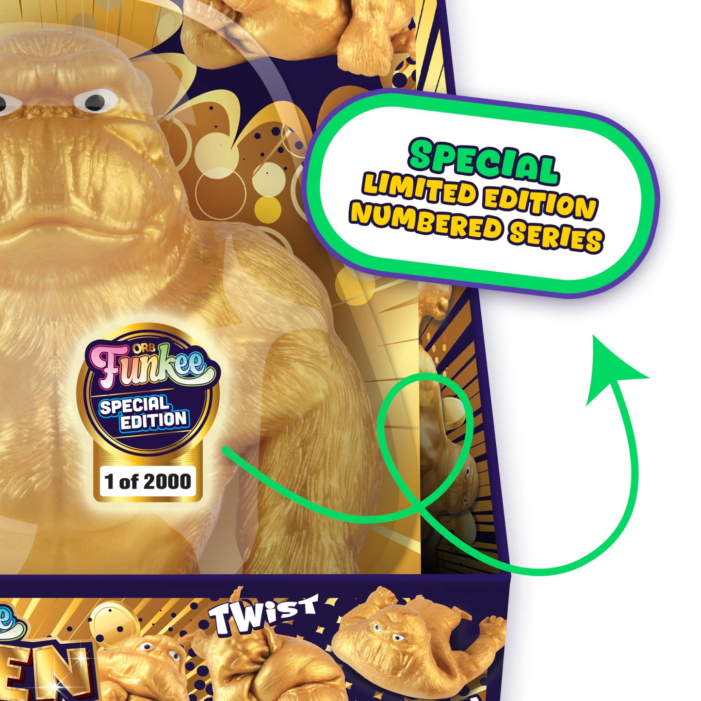 Limited Numbered Series (300 Remain Of 2000 Produced) Orb Golden Funkee Monkee - Big 4.5 Pound Stretchy Monkey - Squishy, Squeez