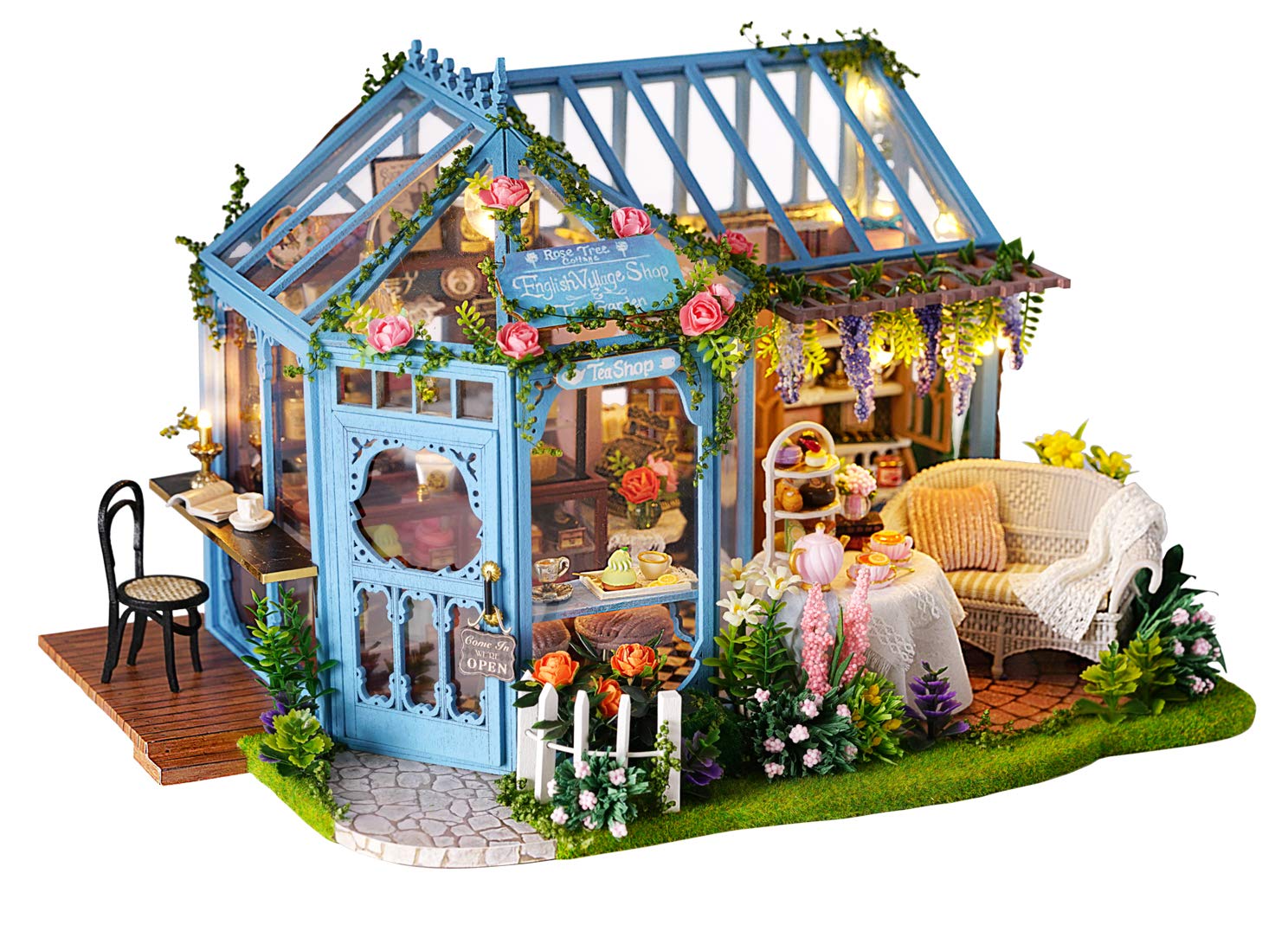 Kisoy Dollhouse Miniature with Furniture Kit  Handmade DIY House Model for Teens mature-themed Gift (Rose Garden Tea House)