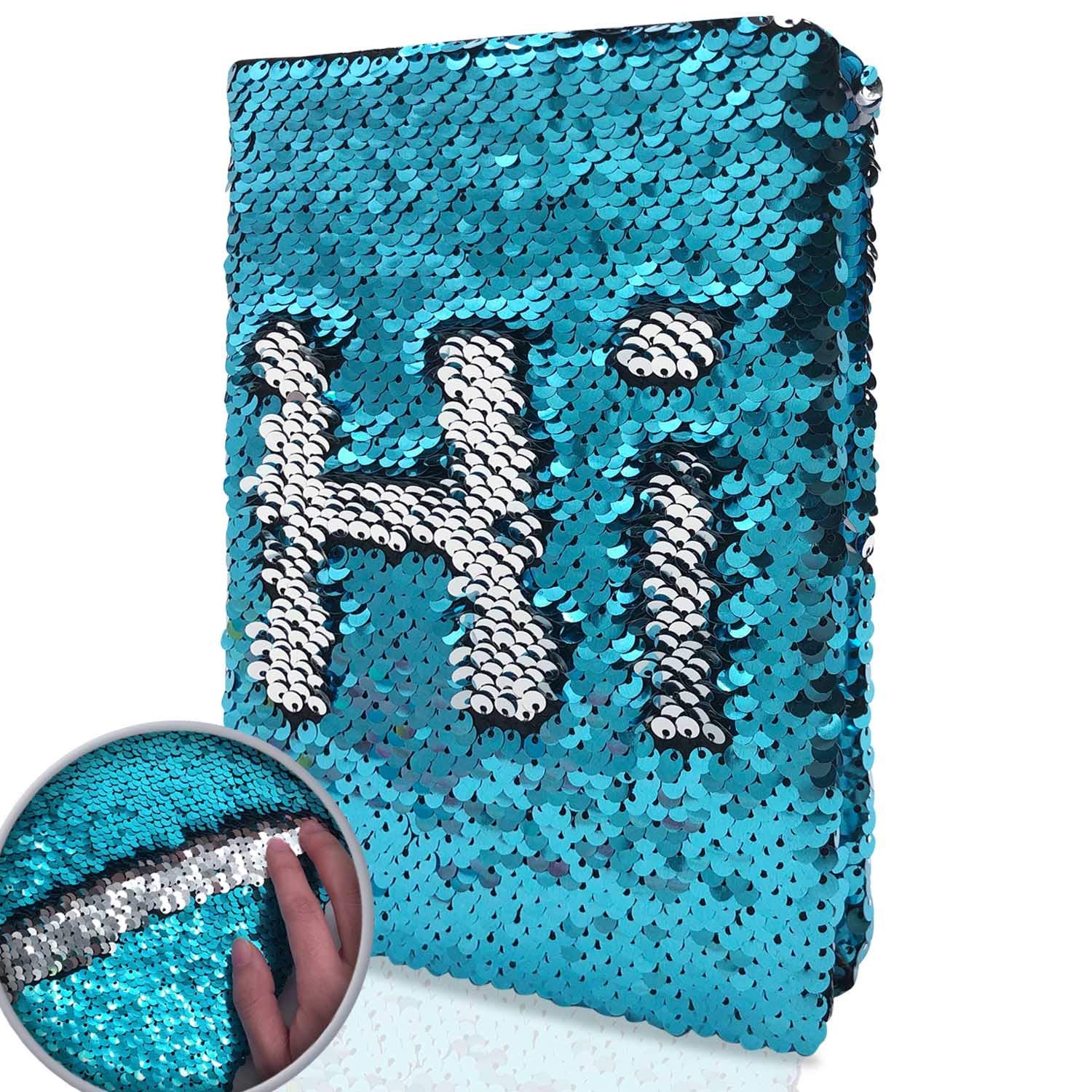 Sequin Girls Journal for Kids  8.5x5.5 Inches 160 Lined Pages Diary for Girls and Boys Reversible Flip Sequence Notebook for Teen Pre School Writing Drawing Travel Gifts (Lake Blue to Sliver)