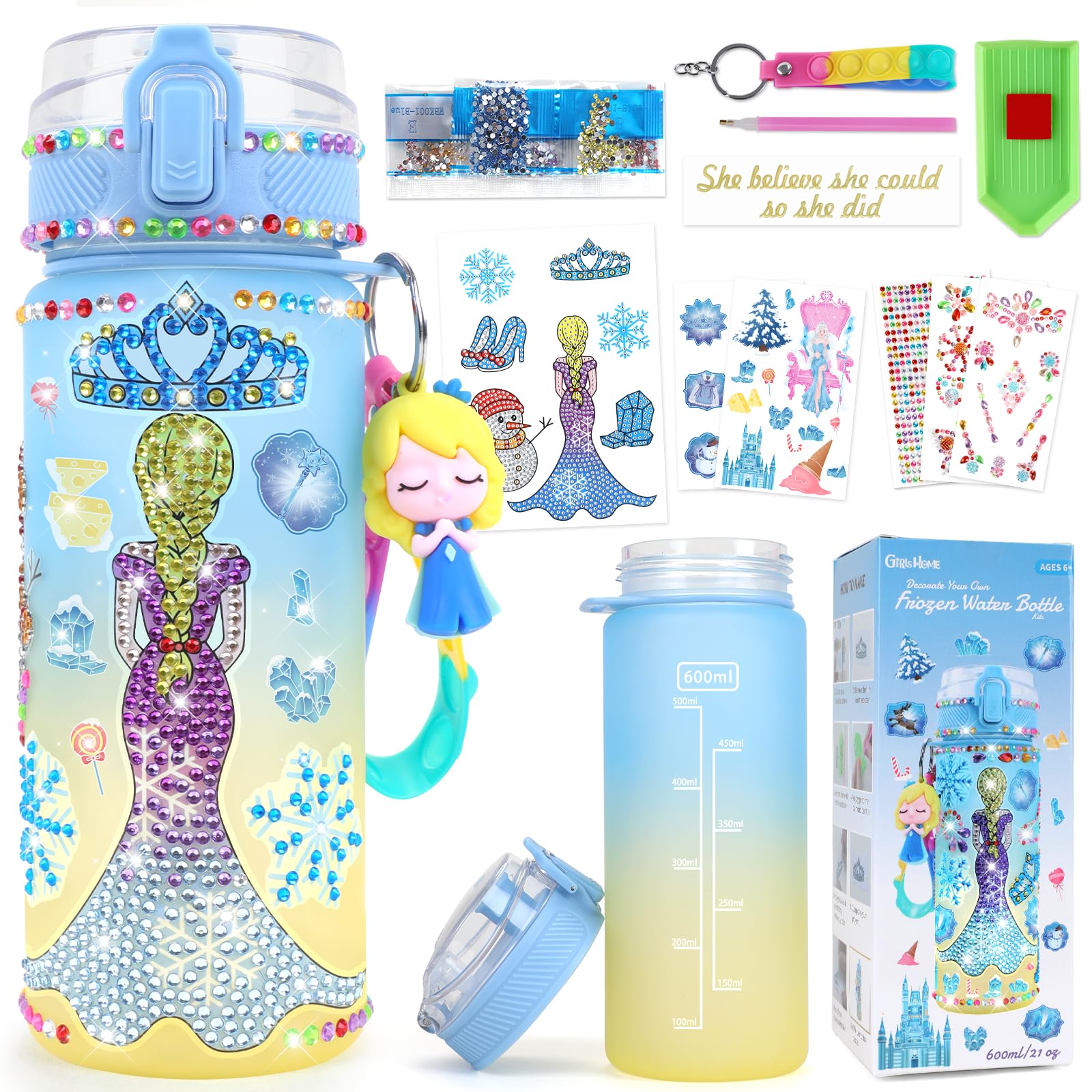 GirlsHome Decorate Your Own Water Bottle for Girls Age 4-6-8-10, Frozen Toys for Girls Painting Crafts, Fun Arts and Crafts Kits