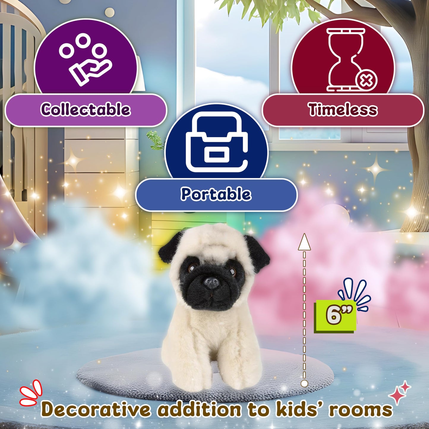 Forest & Twelfth 6'' Stuffed Pug Dog, Soft Plush Toy, Cute Stuffed Animal For Boys And Girls, Realistic Looking Small Stuffed An