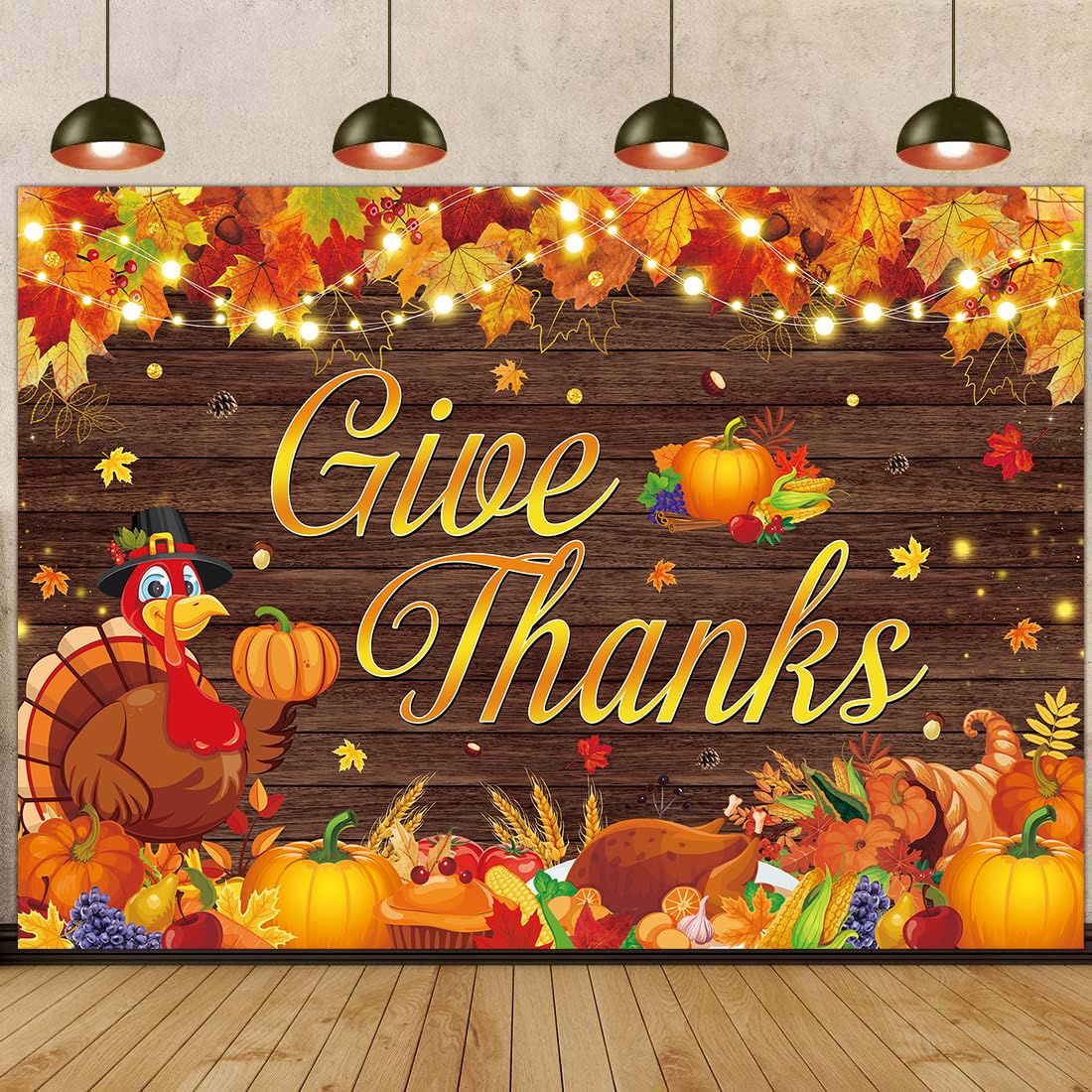 Happy Thanksgiving Backdrop Give Thanks Fall Harvest Photography Background Maple Leaves Turkey Pumpkin Themed Banner for Thanks