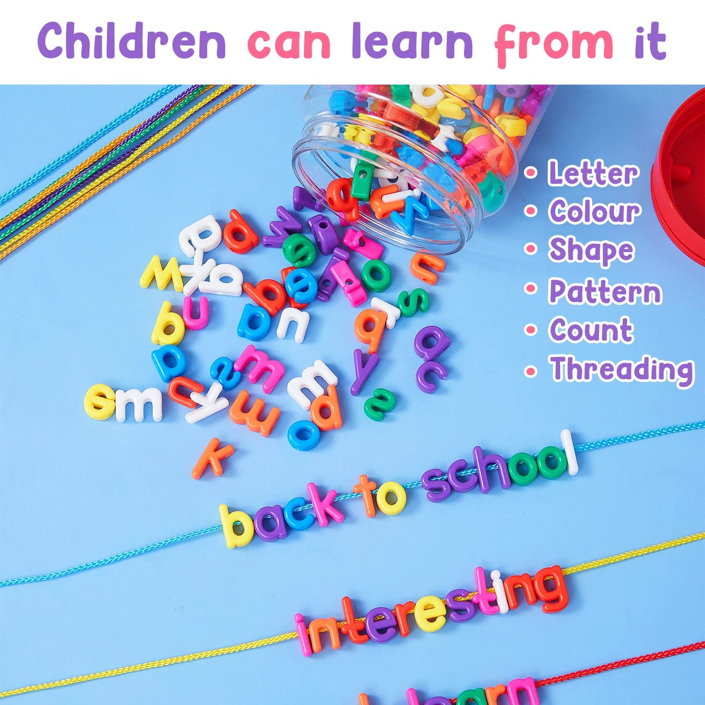 Wesiti 408 Pcs Lacing Letters Alphabet Learning Toys Toddler ABC Alphabet Beads Lacing Toy Fine Motor Skills Toys for Preschool Games Homeschool Supplies Early Spelling (Lowercase Letters)