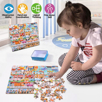 Lelemon 100 Piece Kids Puzzle, Communications, Educational Jigsaw Puzzle For Ages 4-8, Metal Storage Box, Portable, 11.2X8.8 Inches, 100 Count