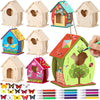 Outus 12 Pcs DIY Wooden Birdhouse Kit,4 Shapes Unfinished Bird House Painting Crafts for Kids with Watercolor Pen and Butterfly 