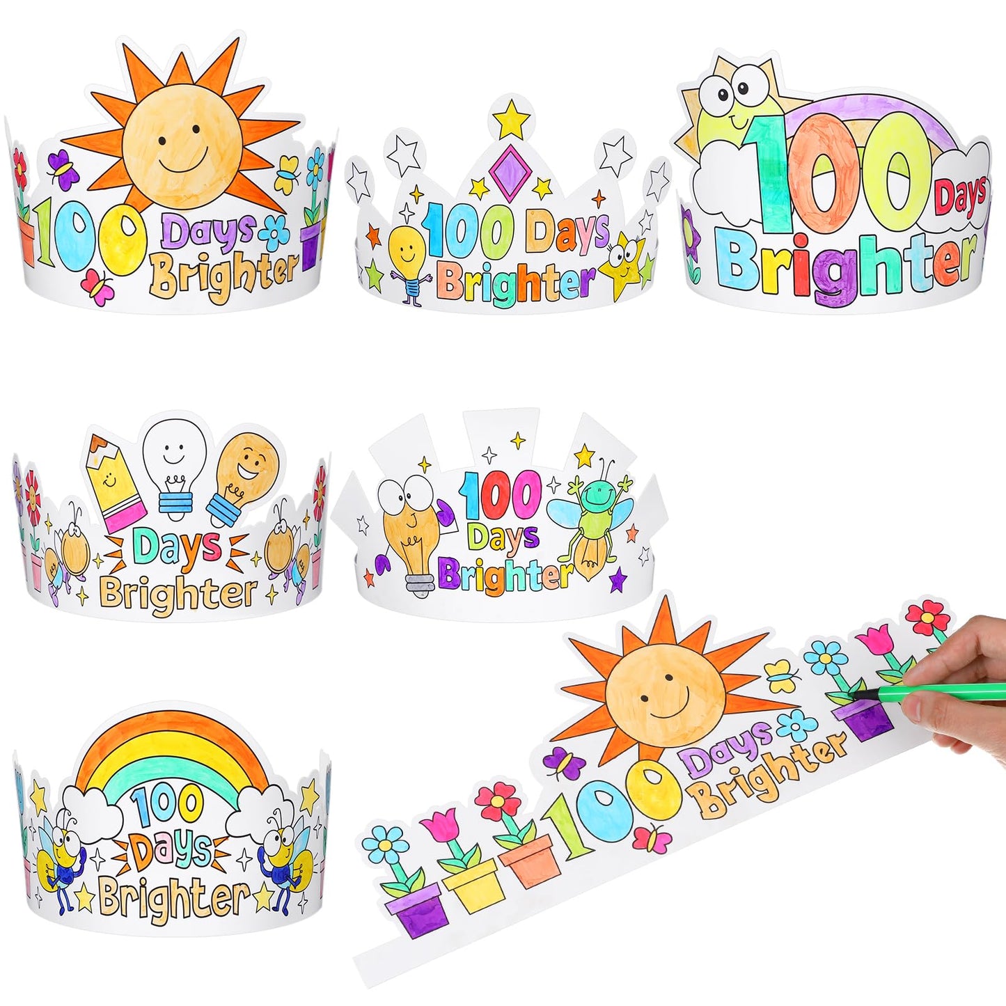 ReliThick 24 Pcs Color Your Own 100 Days Brighter Crowns Light Bulb Firefly DIY Coloring Paper Crowns for 100 Days of School Hat