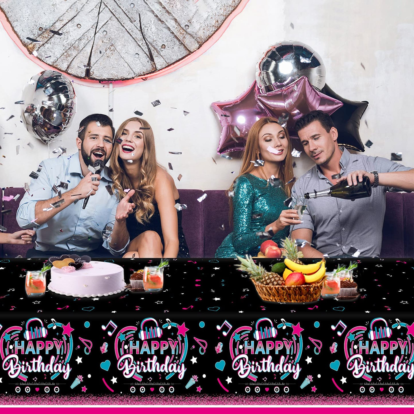 3 Pieces Music Party Tablecloth Happy Birthday Table Cover Decoration Music Note Social Media Themed Party Supplies Favor Disposable Plastic Tablecloth