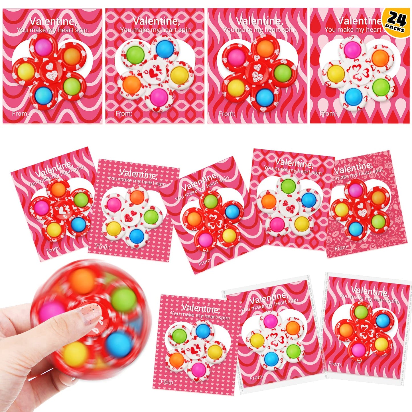 Scione 24 Pack Valentine'S Gifts Cards For Kids With Fidget Spinners, Valentine Classroom Pop Bubble Fidget Toys Party Favors, School Classmates Prizes Exchange Gifts Bulk Goodie Bag Fillers