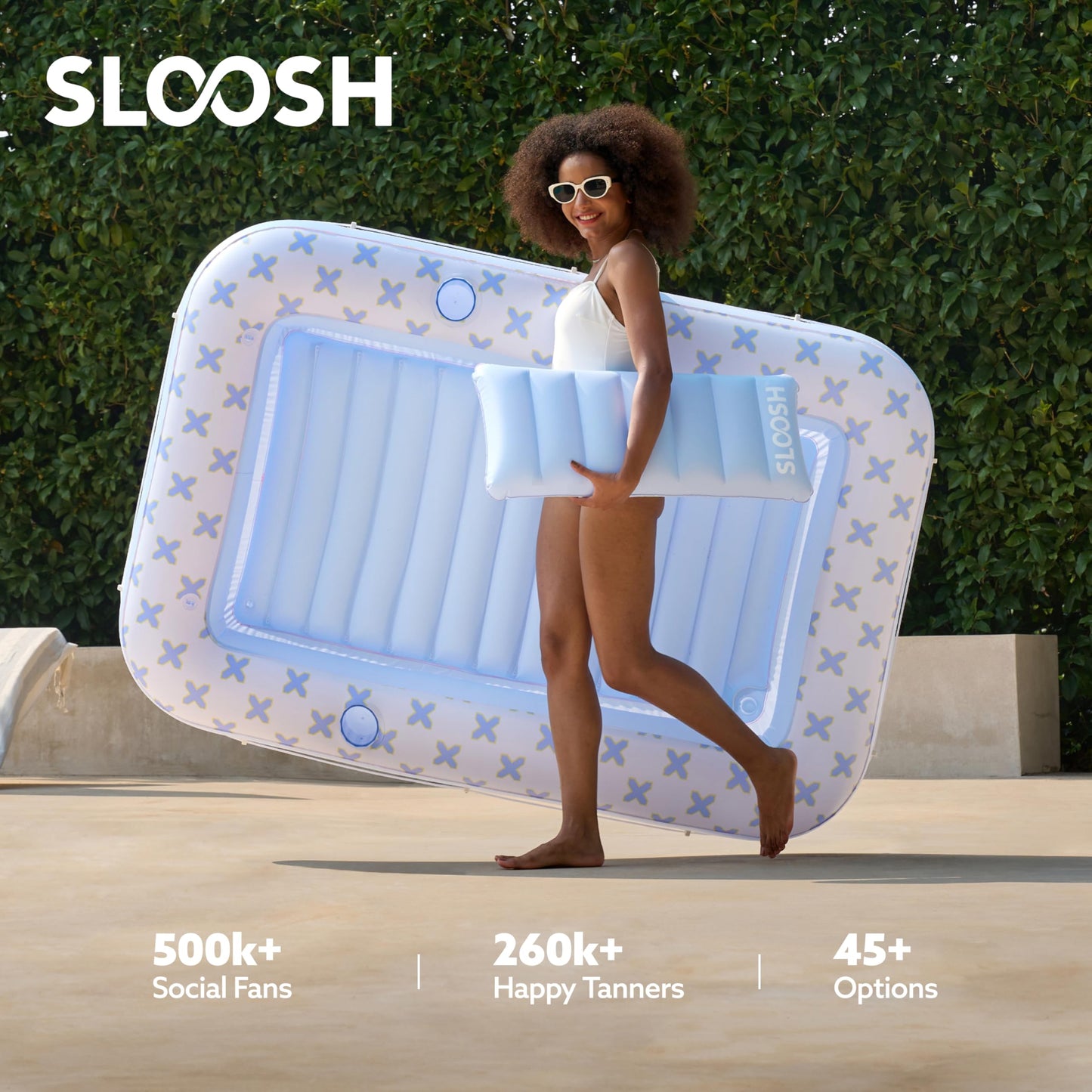 SLOOSH Inflatable Tanning Pool Lounger Float  70 x 46 Pool Floats mature-themed with Pillow  4 in 1 Suntan Tub Raft Floatie Sunbathing Bed Lounge for Water Blow Up Ball Pit Party Gifts  Blue Breezestar