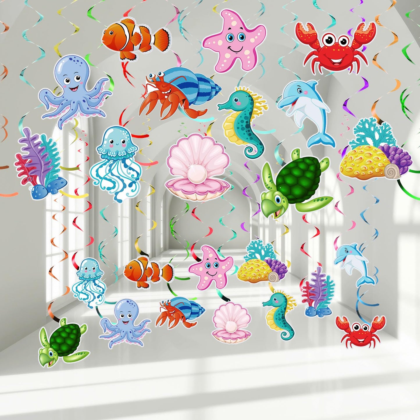 Dianelhall 30 Pieces Sea Animals Hanging Swirl Decorations Under the Sea Birthday Party Ceiling Decor for Boys Girls Ocean Merma