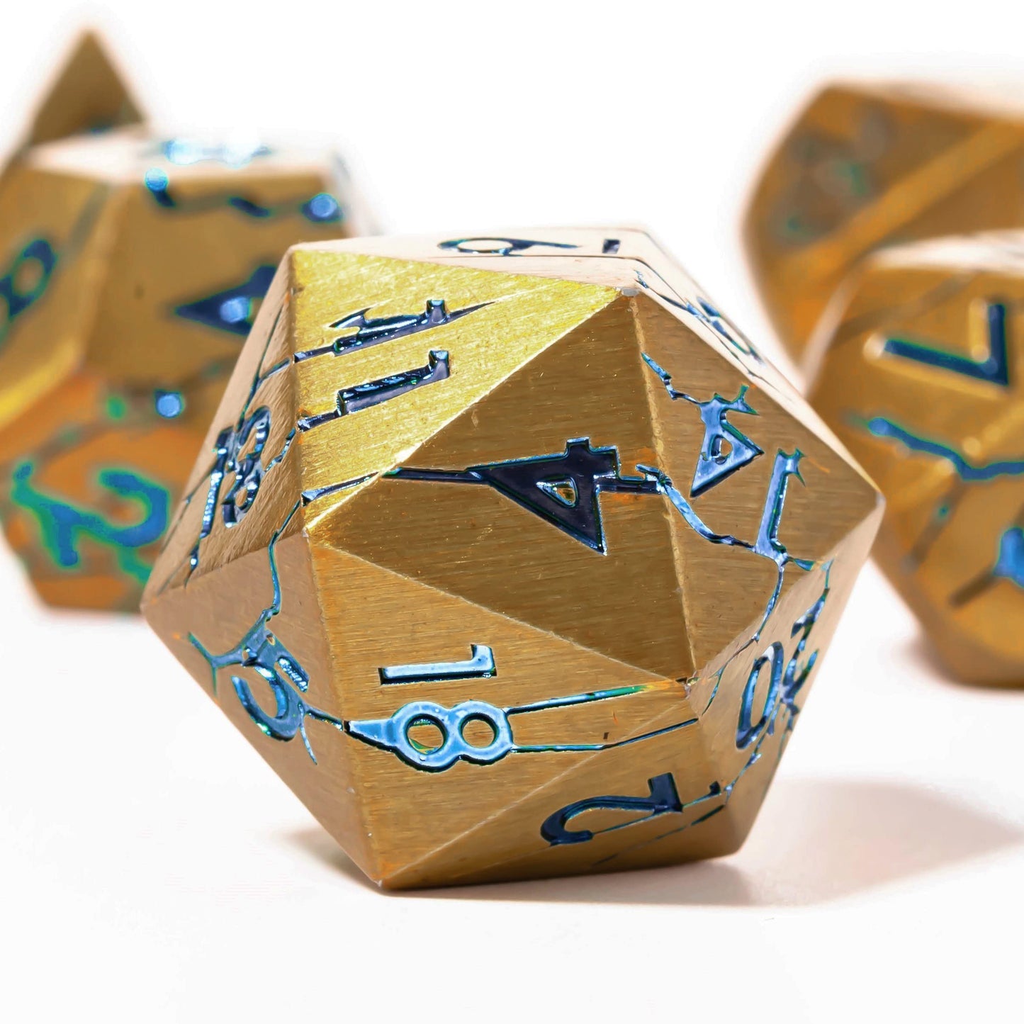 DND Metal Dice - Pharaoh Ruins Gold Metal Dice with Blue Cracks - Polyhedral Dice Set for RPG D&D MTG Pathfinder and More - Beau