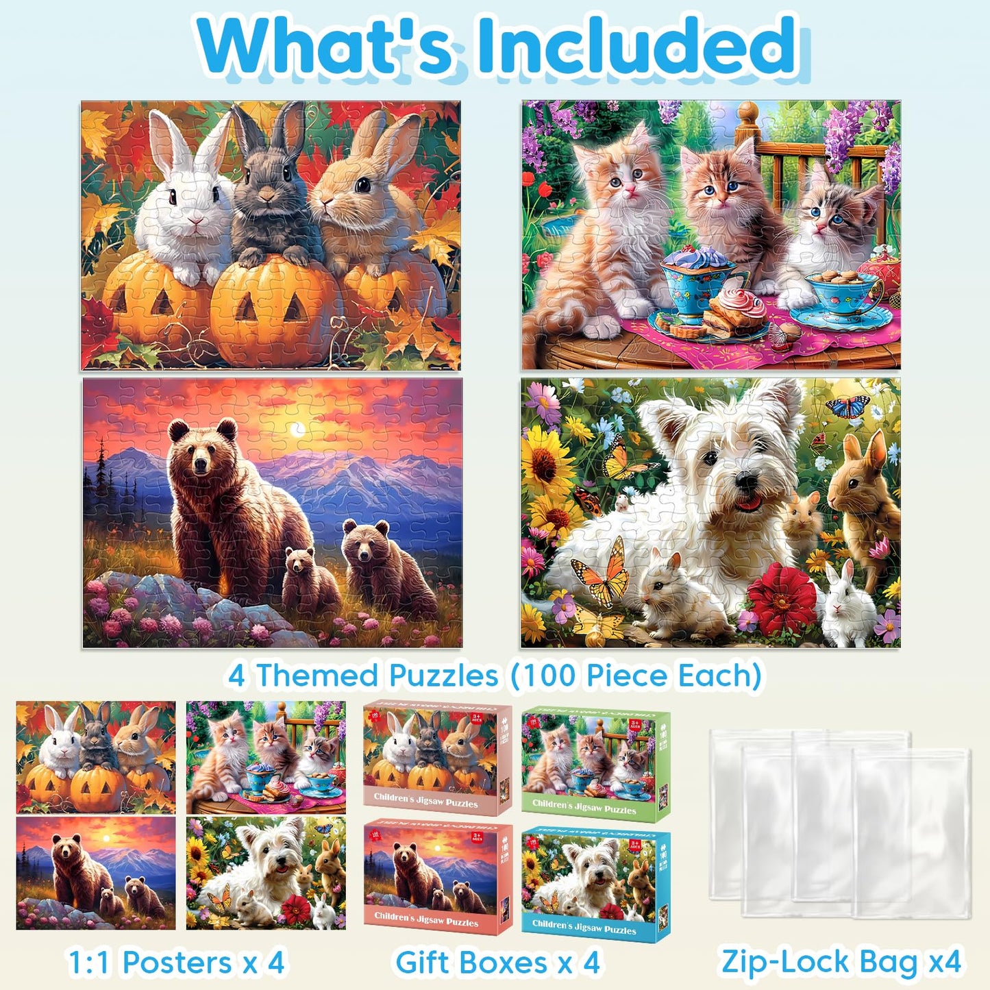 Jeacirio Puzzles for Kids Ages 6-8 - 4 x 100 Piece Puzzles for Kids Lovely Animals Large Piece Jigsaw Puzzles for Seniors Educational Toys Gifts Kids Puzzles for 4 5 6 7 8 9 Year Olds Boys Girls