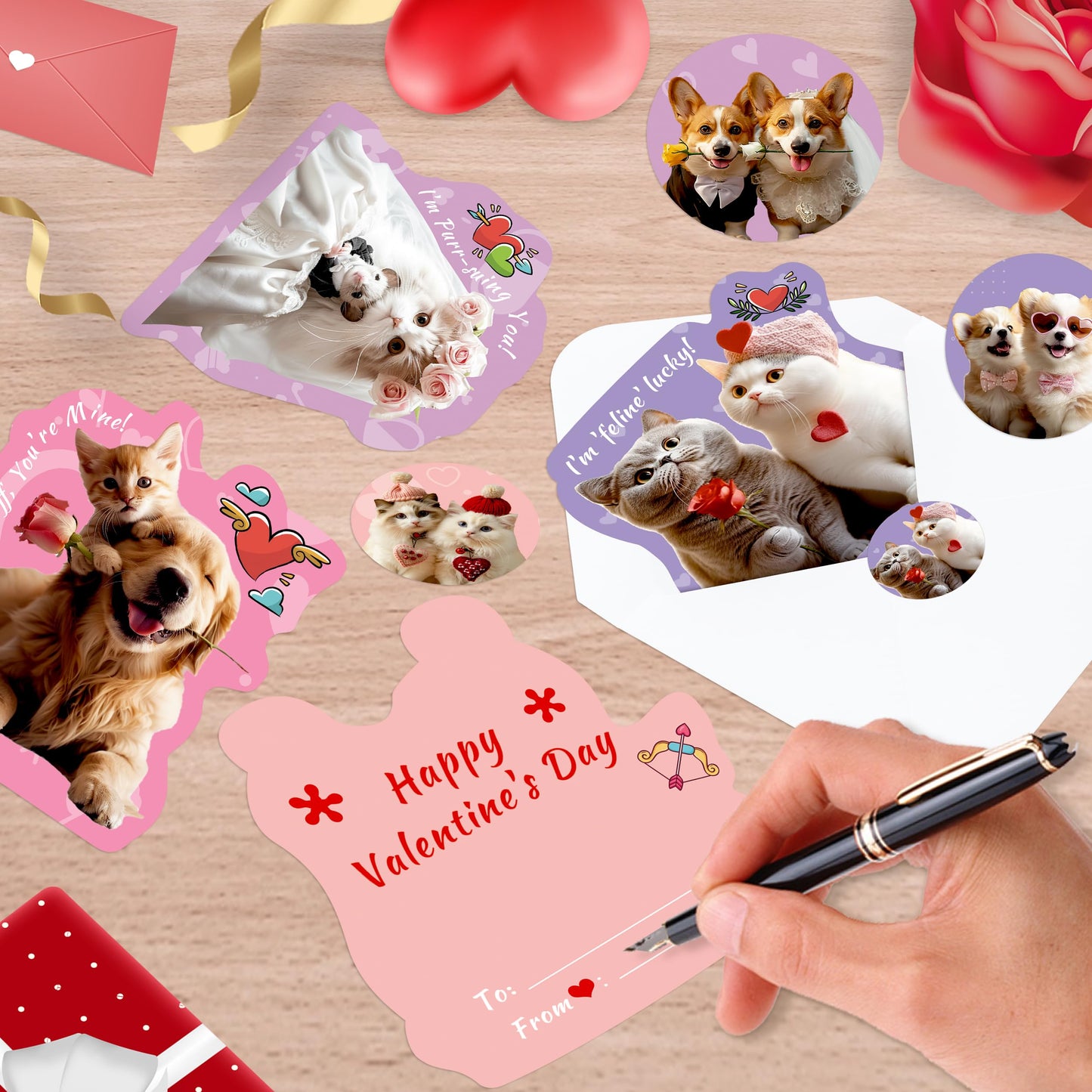NOSAKUYA 28 Pack Cat & Dog Lovers Valentines Card & Keychains Set for Kids School Classroom Exchange Gift Boys Girls Party Favo