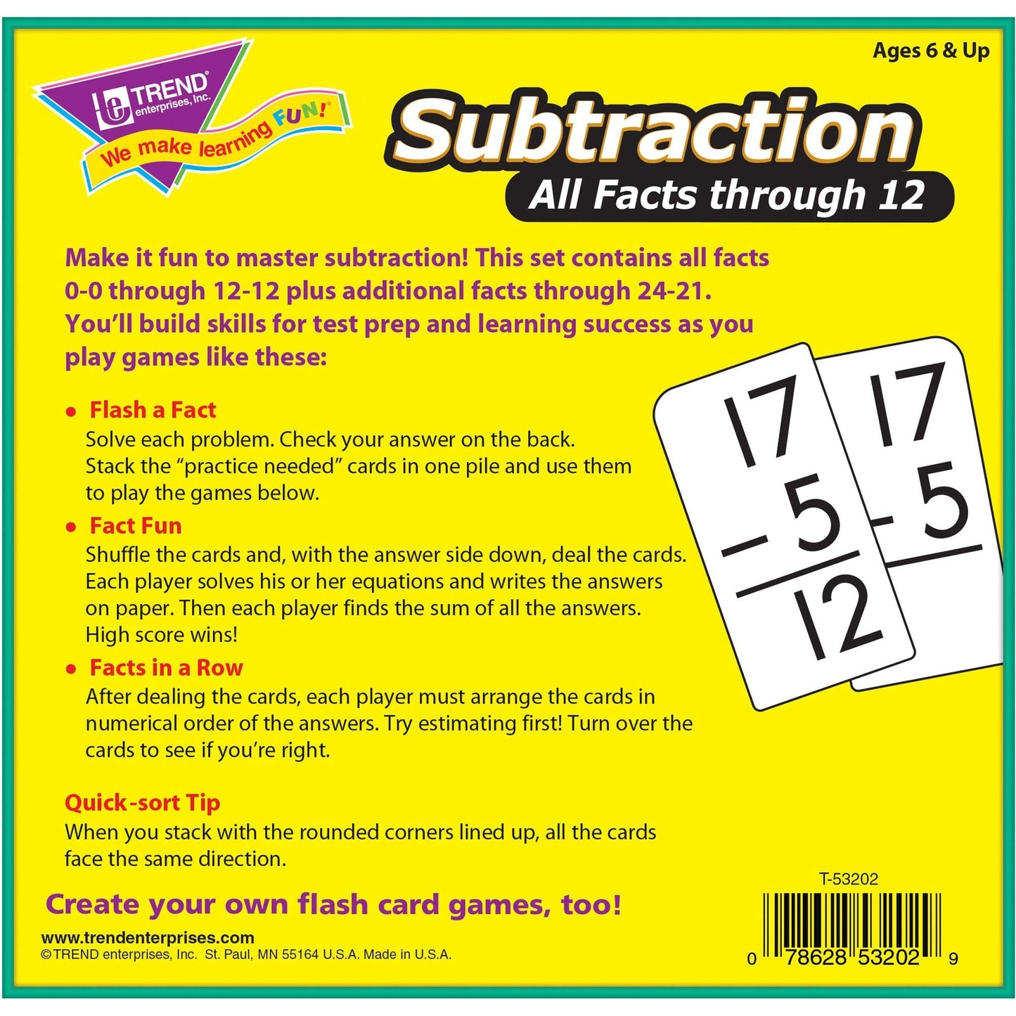 Trend Enterprises: Subtraction All Facts Through 12 Skill Drill Flash Cards, Great For Skill Building And Test Prep, Self-Checki
