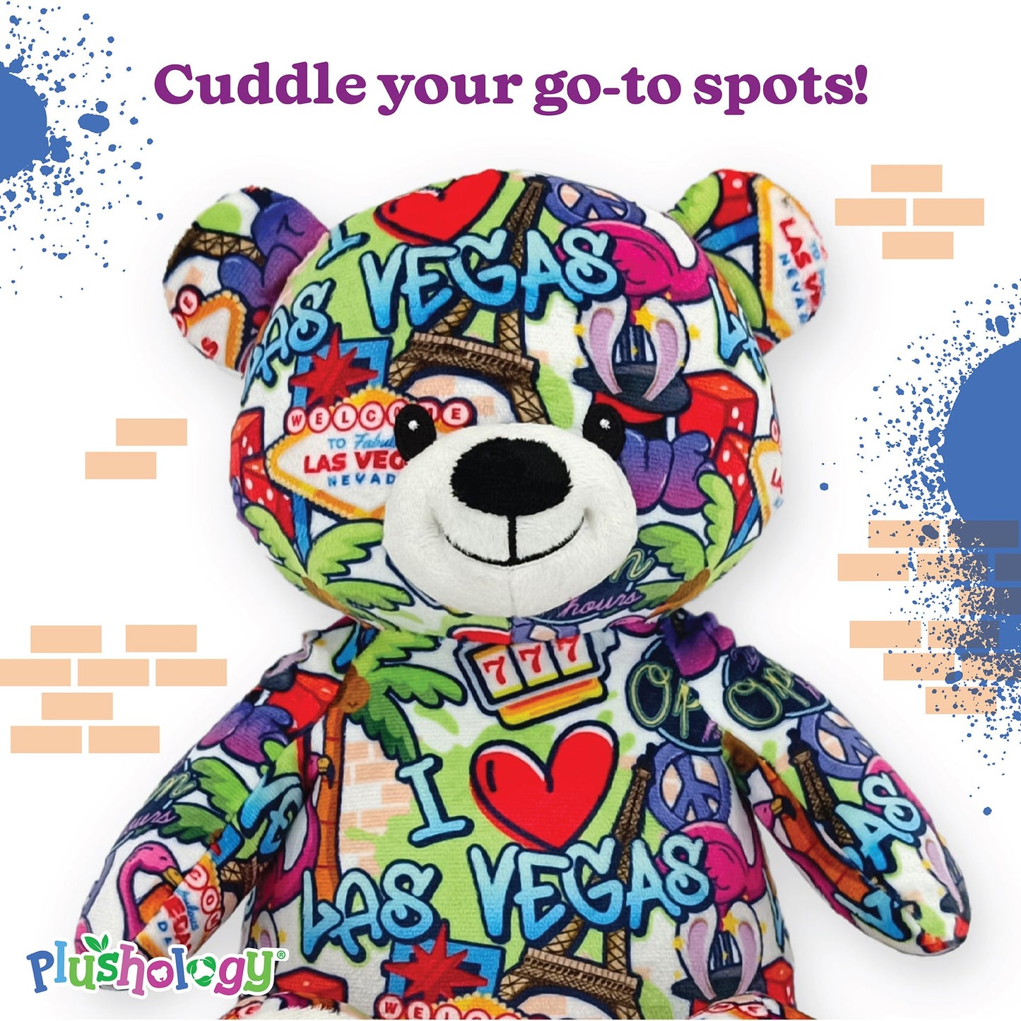 PLUSHOLOGY I Love Las Vegas Graffiti Teddy Bear Eco Friendly Stuffed Animal; Cuddly Soft Velboa Plush Animal for Kids 3 Years Old to mature-themeds; Child-Safe Embroidered Face Details (10 Tall When Seated)