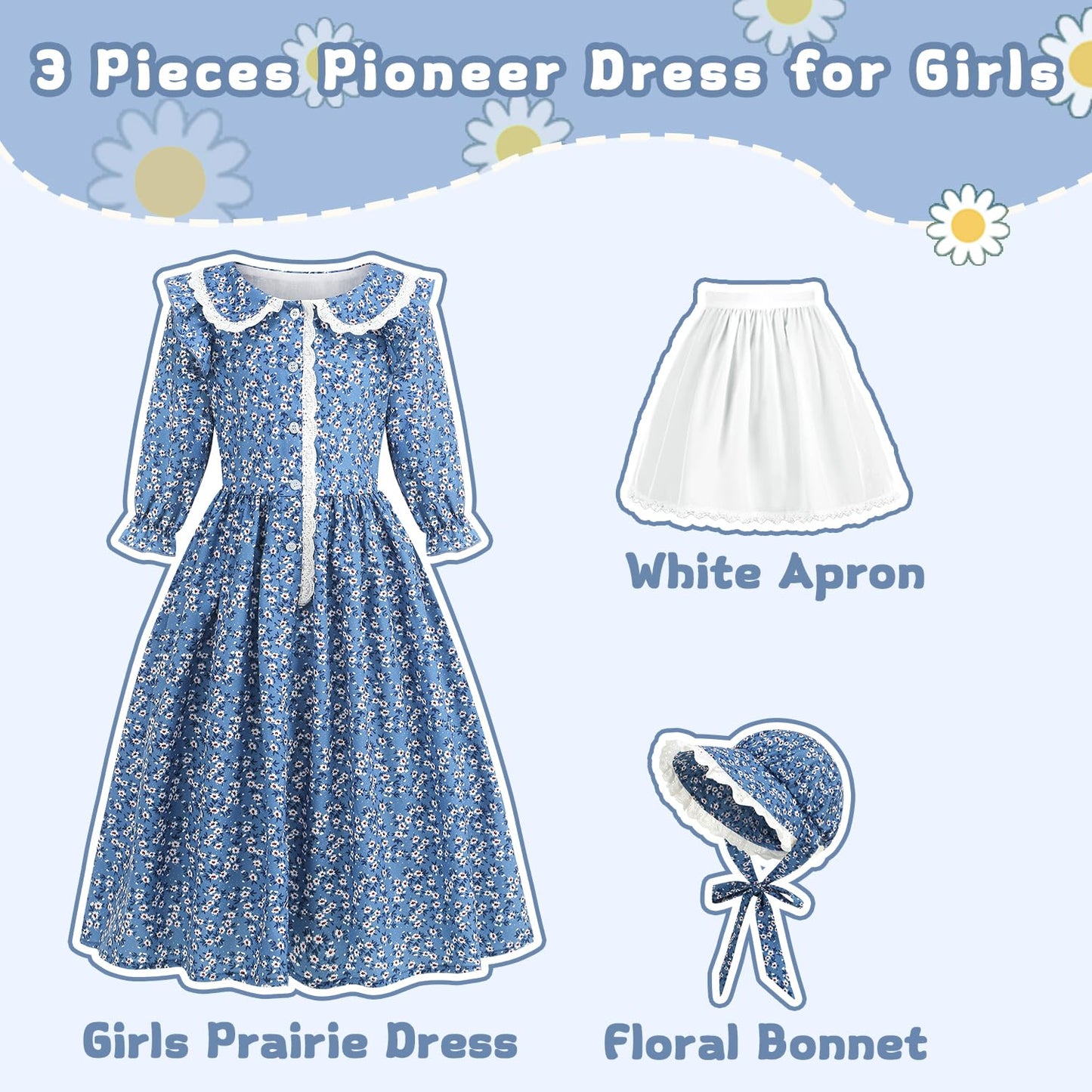 Aoiviss Girls Pioneer Costume Floral Colonial Prairie Dress For Little Kids With Apron And Bonnet, Blue