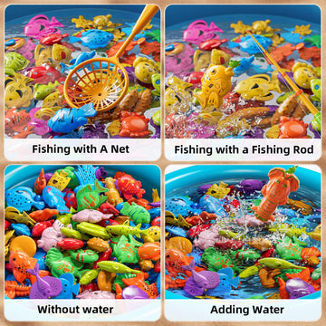 Niplooow Kids Pool Fishing Toys Games, Water Table Bathtub Toy With Inflatable Pool Pole Rod Net Plastic Floating Fish, Birthday