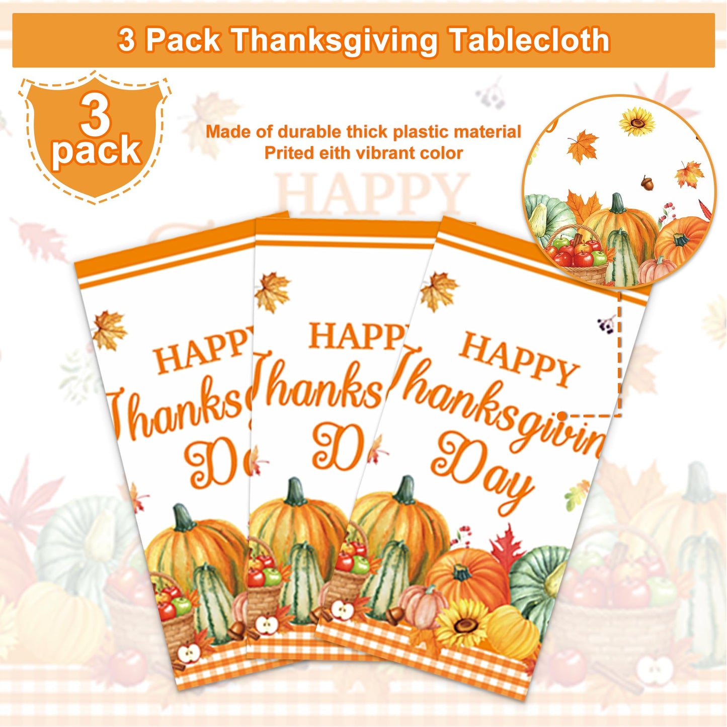 XueXiceili 3pcs Fall Tablecloth 54 X 108 in Inch Rectangular, Thanksgiving Autumn Harvest Pumpkin Mushroom Plaid Table Cover for