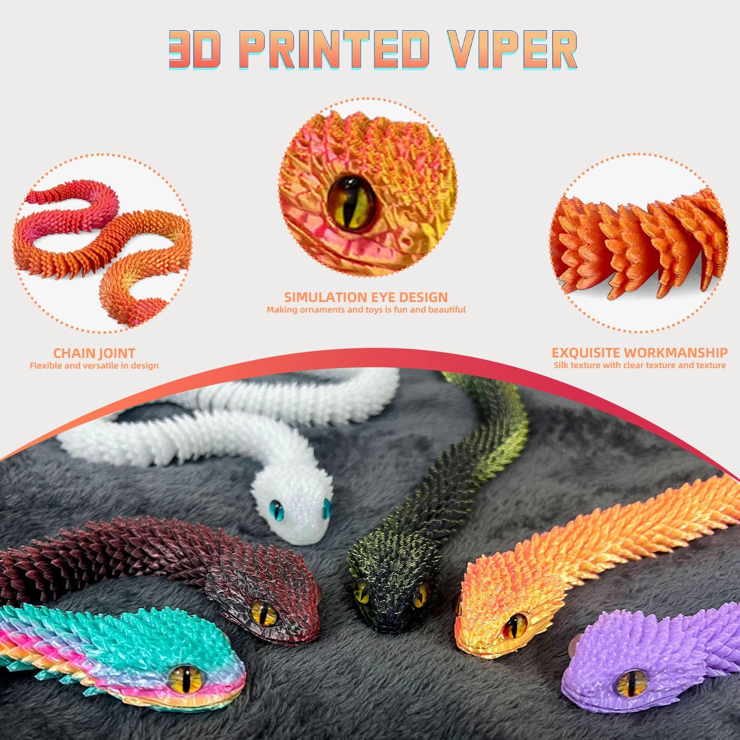 Binvin 3D Printed Animals-Snake Viper,3D Printed Snake Toys 3D Printed Articulated Snake 3D Printed Animals Animal Model Ornamen