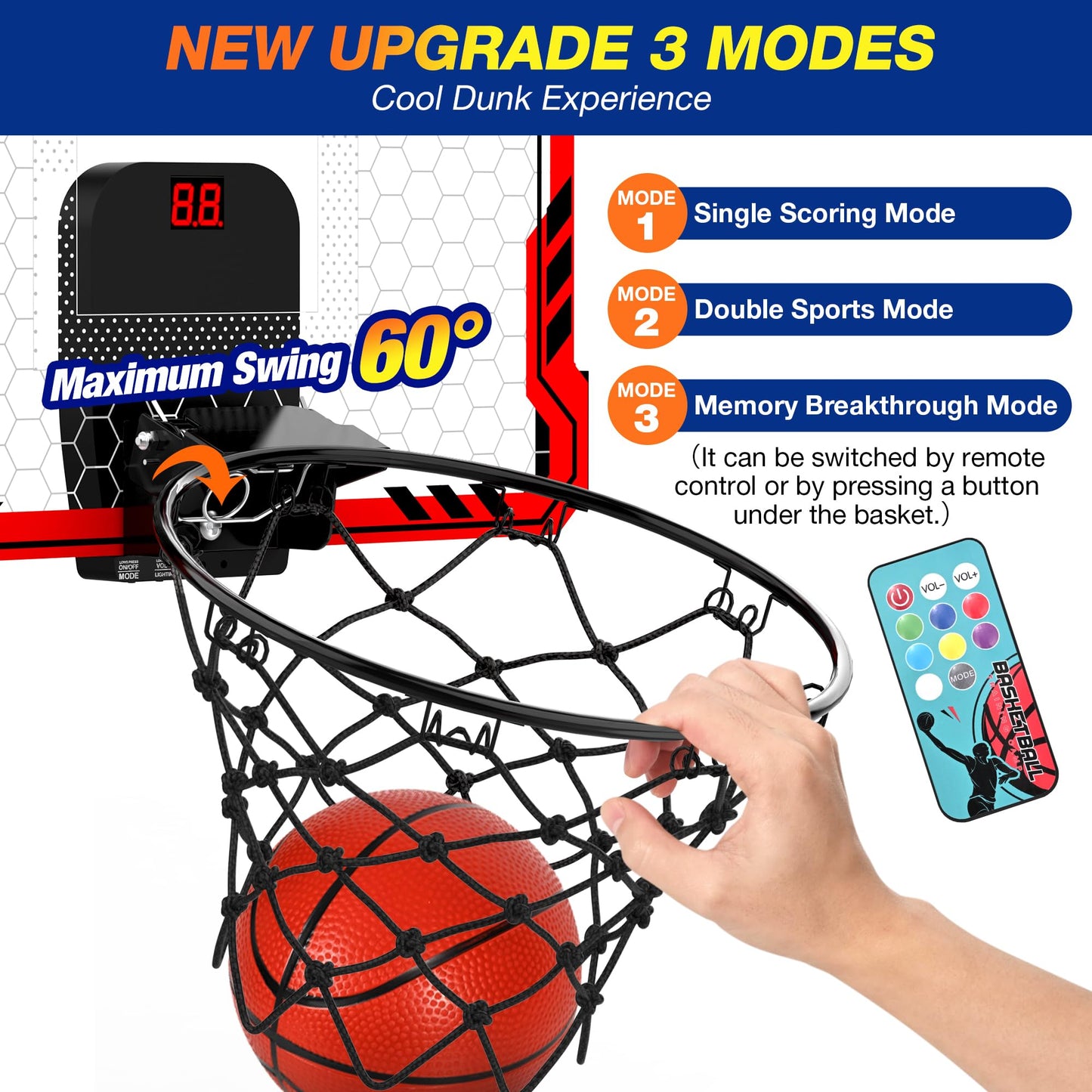 Ropoda Indoor Basketball Hoop, Mini Hoop With 7 Led Lights, 3 Modes Scoreboard, Mini Hoop With 4 Balls Over The Door, Basketball